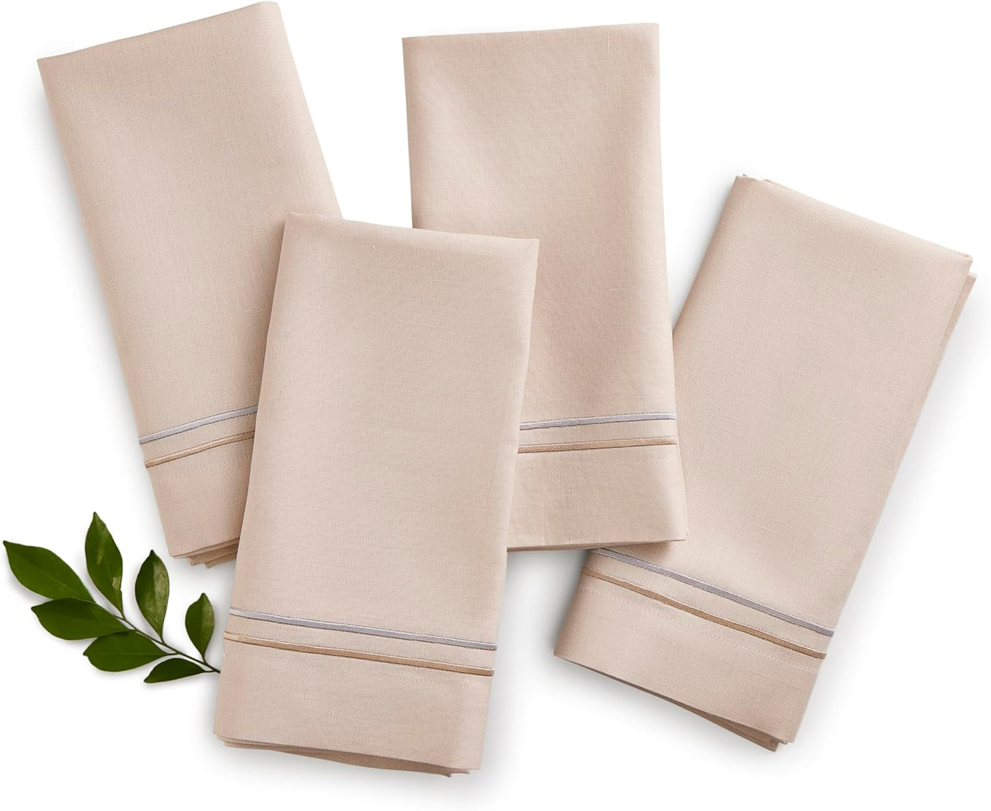 Cotton Linen Dinner Napkins 20 x 20 Inch – Summer Beige Napkins Set of 4 – Washable Fabric Cloth Napkins with Line Embroidery – Wedding Decoration, Gift