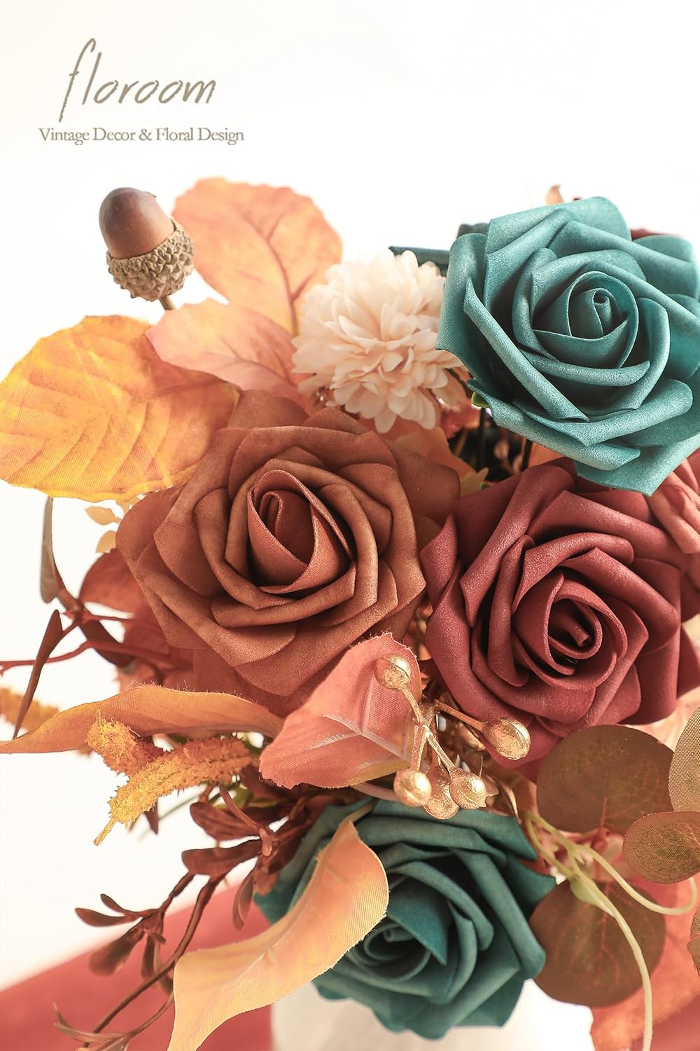 Floroom Artificial Flowers 25pcs Real Looking Teal Green Terracotta Ombre Colors Foam Fake Roses with Stems for DIY Wedding Bouquets Bridal Shower Centerpieces Floral Arrangements Tables Decoration