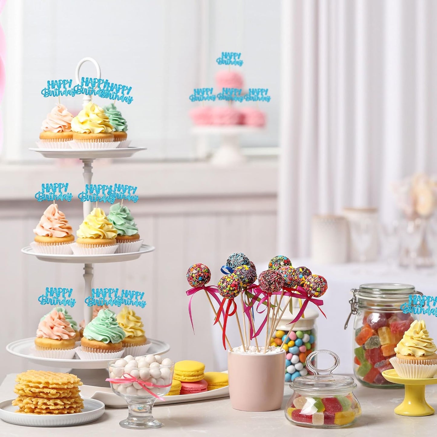 Gyufise Happy Birthday Cupcake Toppers Blue Glitter Birthday Cake Topper Picks Dessert Topper Decoration for Birthday Party Anniversary Celebration Pack of 24
