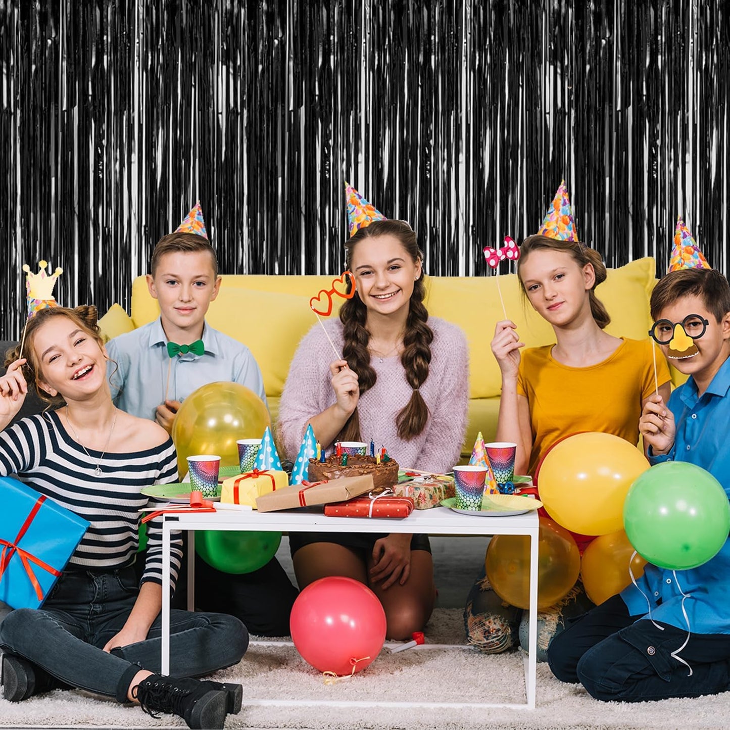 2 Pack Black Streamers Party Decorations Black Tinsel Backdrop Supplies Foil Curtain Backdrop for Baby Shower Birthday Bachelorette Wedding Engagement Holiday Celebration Halloween Party Decorations