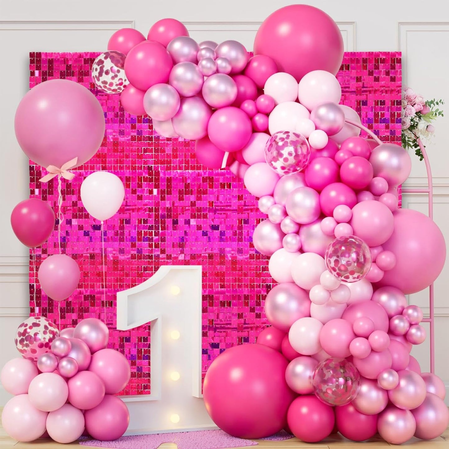 24PCS Fuchsia Shimmer Wall Backdrop, Laser Square Sequin Photo Backdrops Panel, Glitter Wall Background for Birthdays, Weddings, Christmas, Engagements, Disco Bachelorette Party Decoration (4FTx6FT)