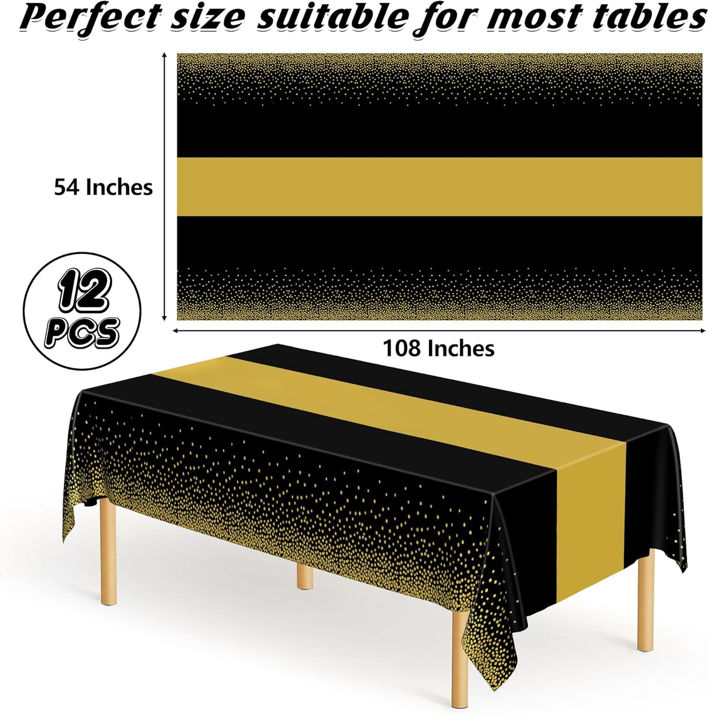 QZYL 12Pack Plastic Table Cloth Disposable, 54" x 108" Waterproof Black Table Cloths with Gold Dots, Outdoor Tablecloth for Rectangle, Table Cloth Cover for New Years Eve Decorations Holiday Birthday