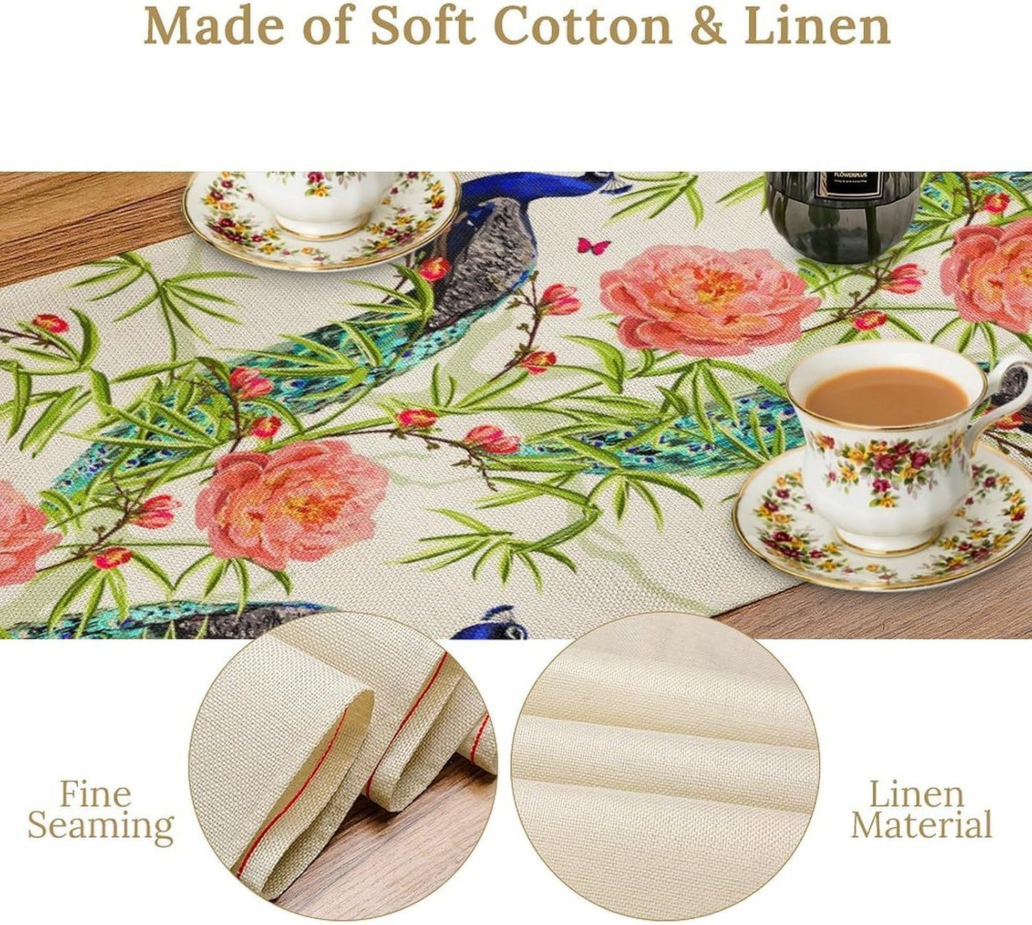 Peacock Table Runner,Seasonal Flower Plants Peacock Birds Table Runner for Home Kitchen Dining Party Indoor Outdoor Decoration 13x90 Inch