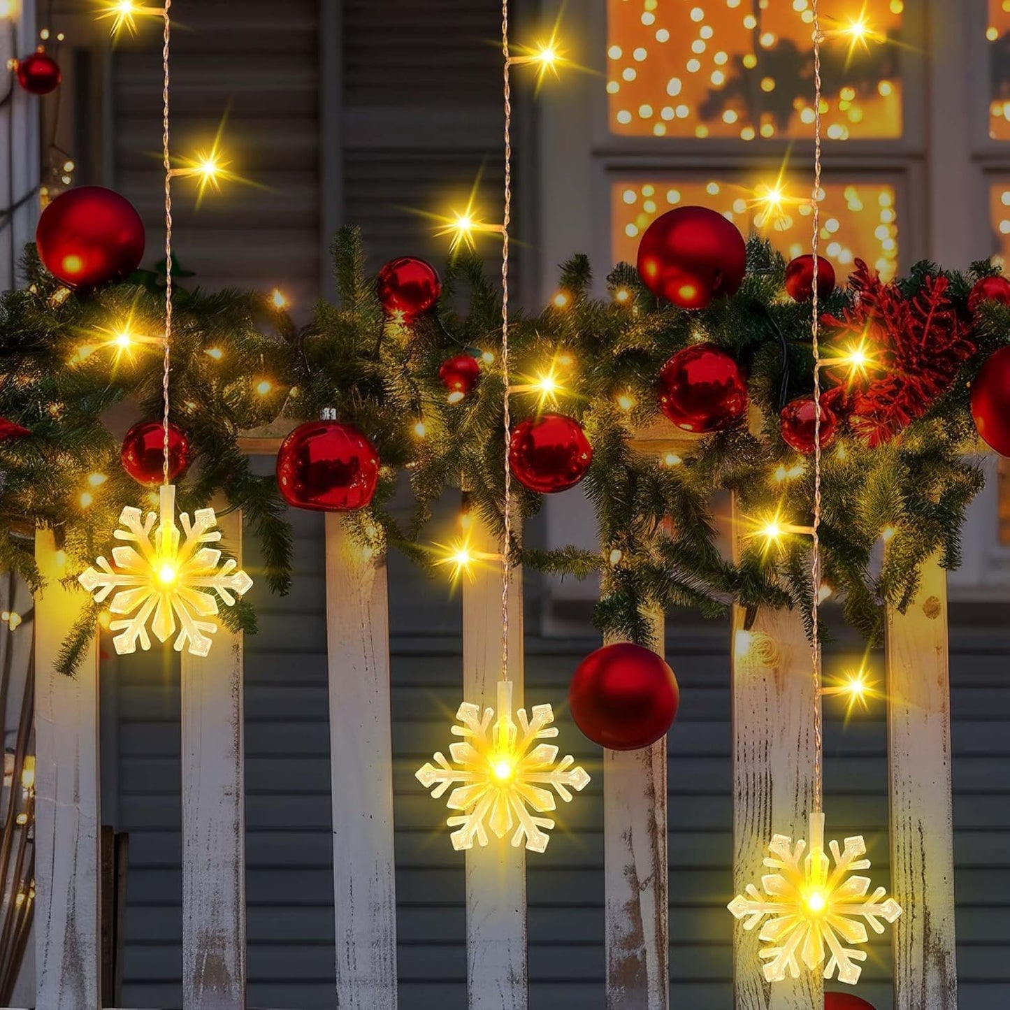 150 LED Christmas Icicle Lights with Snowflakes, Hanging Snowflake Light with 8 Modes, Connectable Warm White Icicle Lights for Outside, Roof, Window, Holiday Party Decor