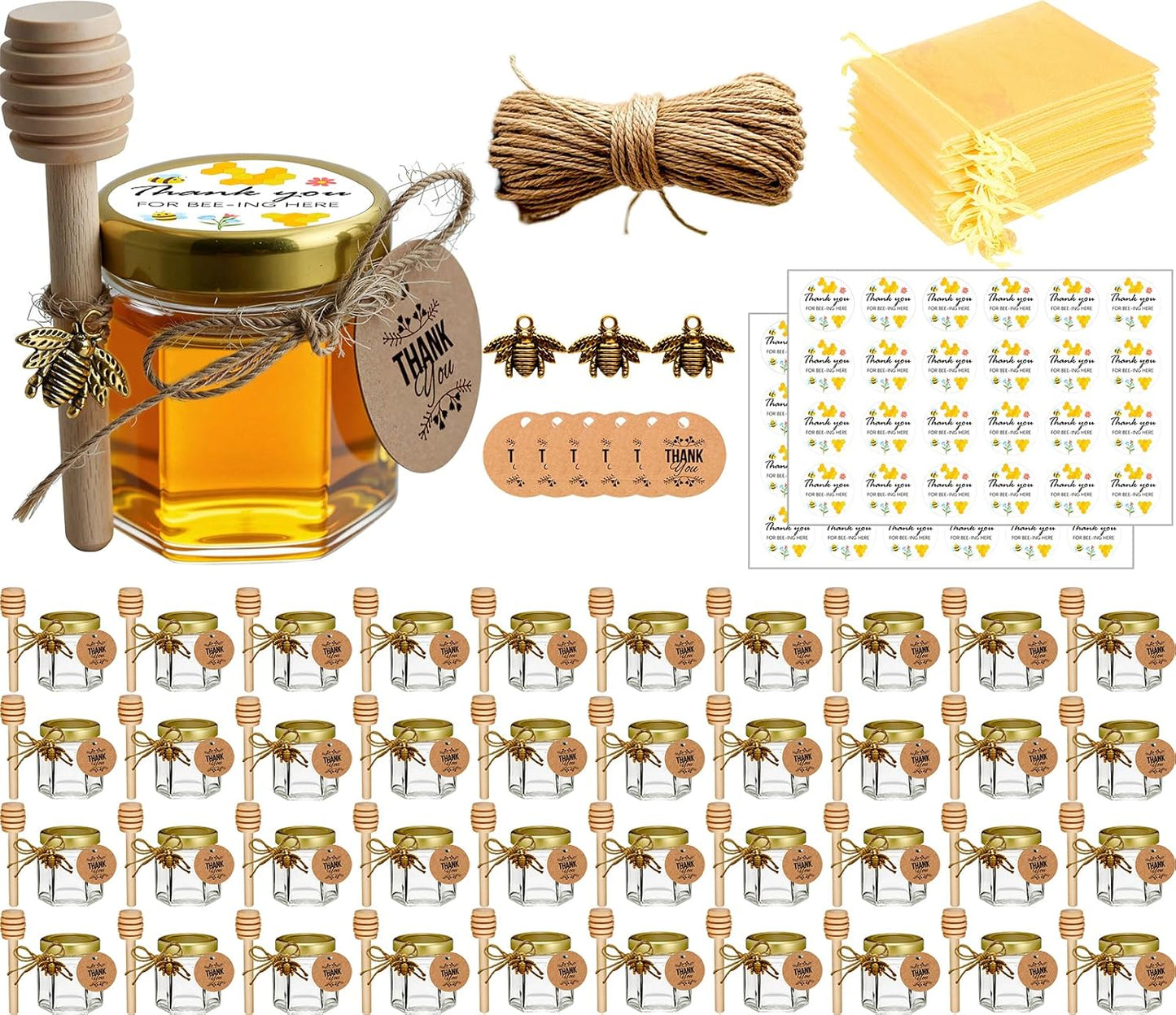 Honey Pot, Glass Honey Jars, Small Honey Jars with Wooden Dippers, Bee Charms, Gold Gift Bags and Jutes Lids, Mini Honey Jars Baby Shower Favors, 1.5oz 40 Pack