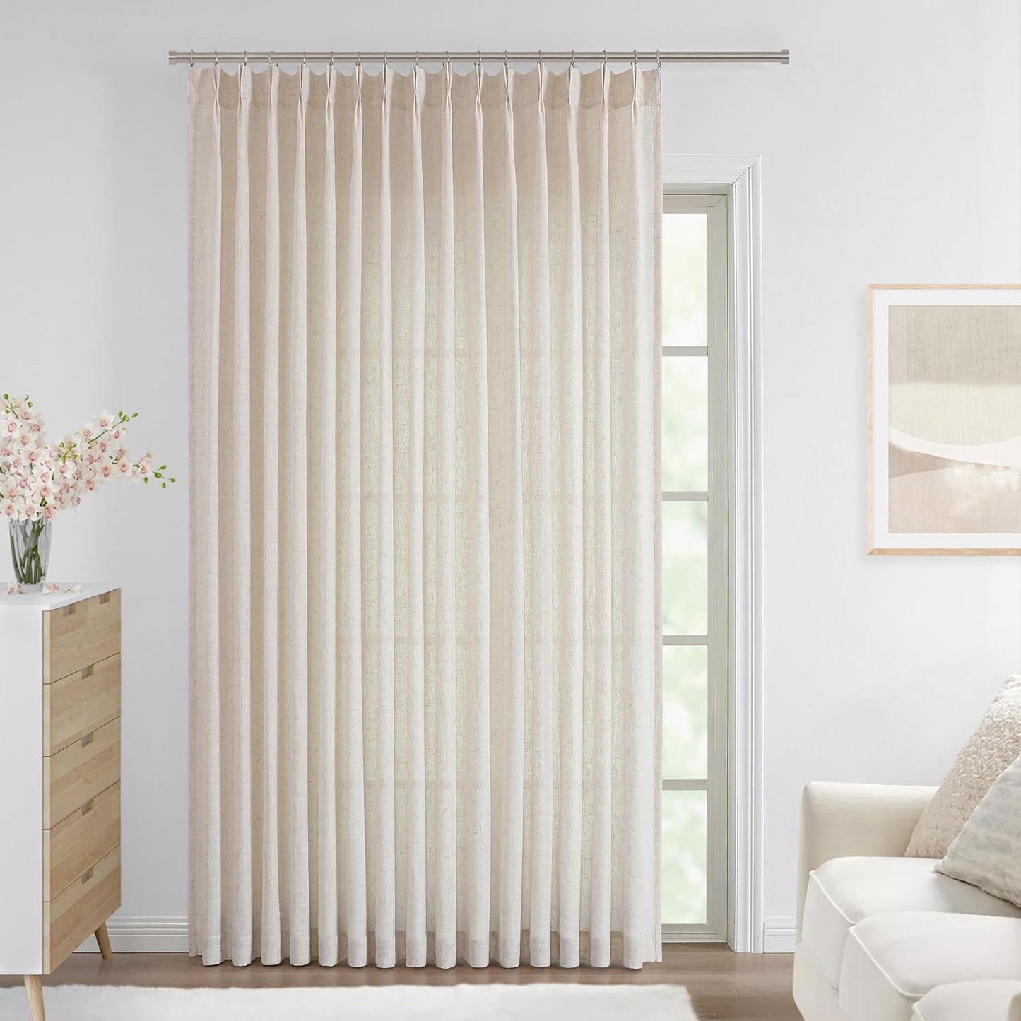 Vision Home Natural Pinch Pleated Semi Sheer Curtains Textured Linen Blended Light Filtering Window Curtains 95 inch for Living Room Bedroom Patio Pinch Pleat Drapes with Hooks 1 Panel 84" Wx95 L