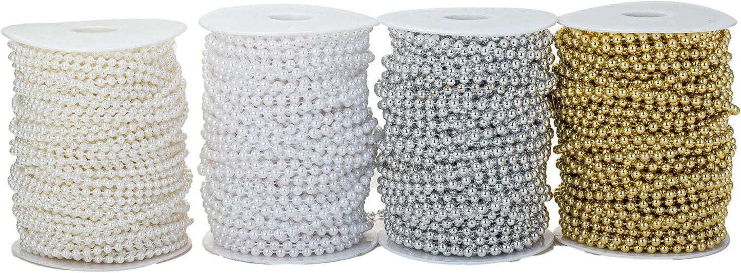4mm Crafts Faux Pearl Beads Garland Pearl Bead Roll Strand of Pearls to Decorate Floral Centerpieces Wedding Party Favor Christmas Tree(131 Feet Silver)