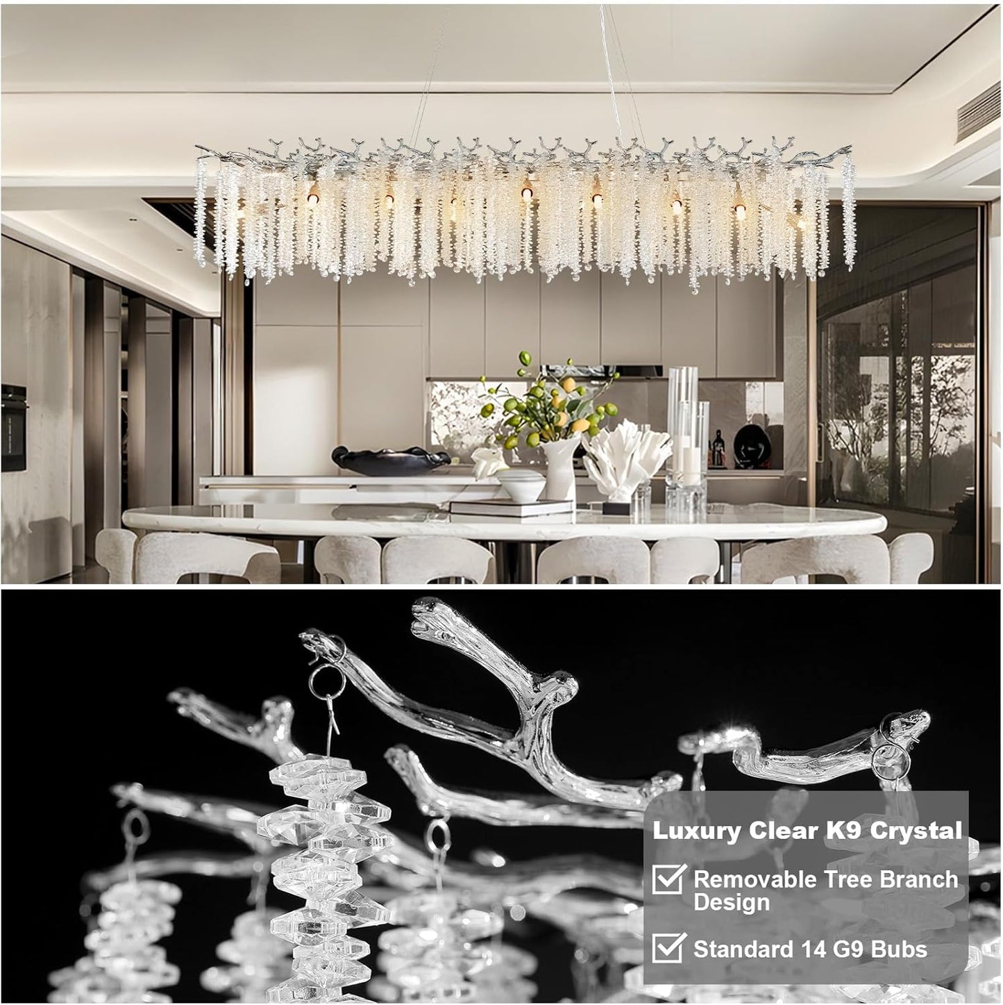 YUYI Modern Crystal Chandelier, 60" Silver Tree Branch Chandelier for Dining Room, Large Rectangular, Luxury High Ceiling Light Fixture for Living Room, Kitchen, Foyer