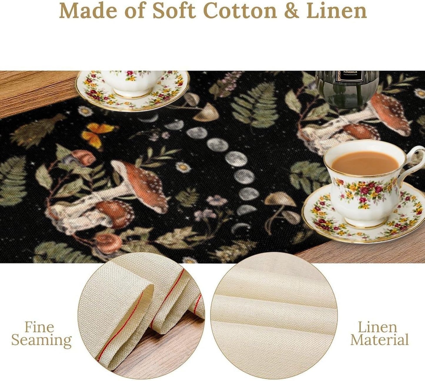 Mushroom Kitchen Table Runner, Boho Vintage Wild Flower Gothic Witchy Moonlit Forest Plant Table Runner for Bedroom Living Room Kitchen Dinner Table, 13x70 Inch