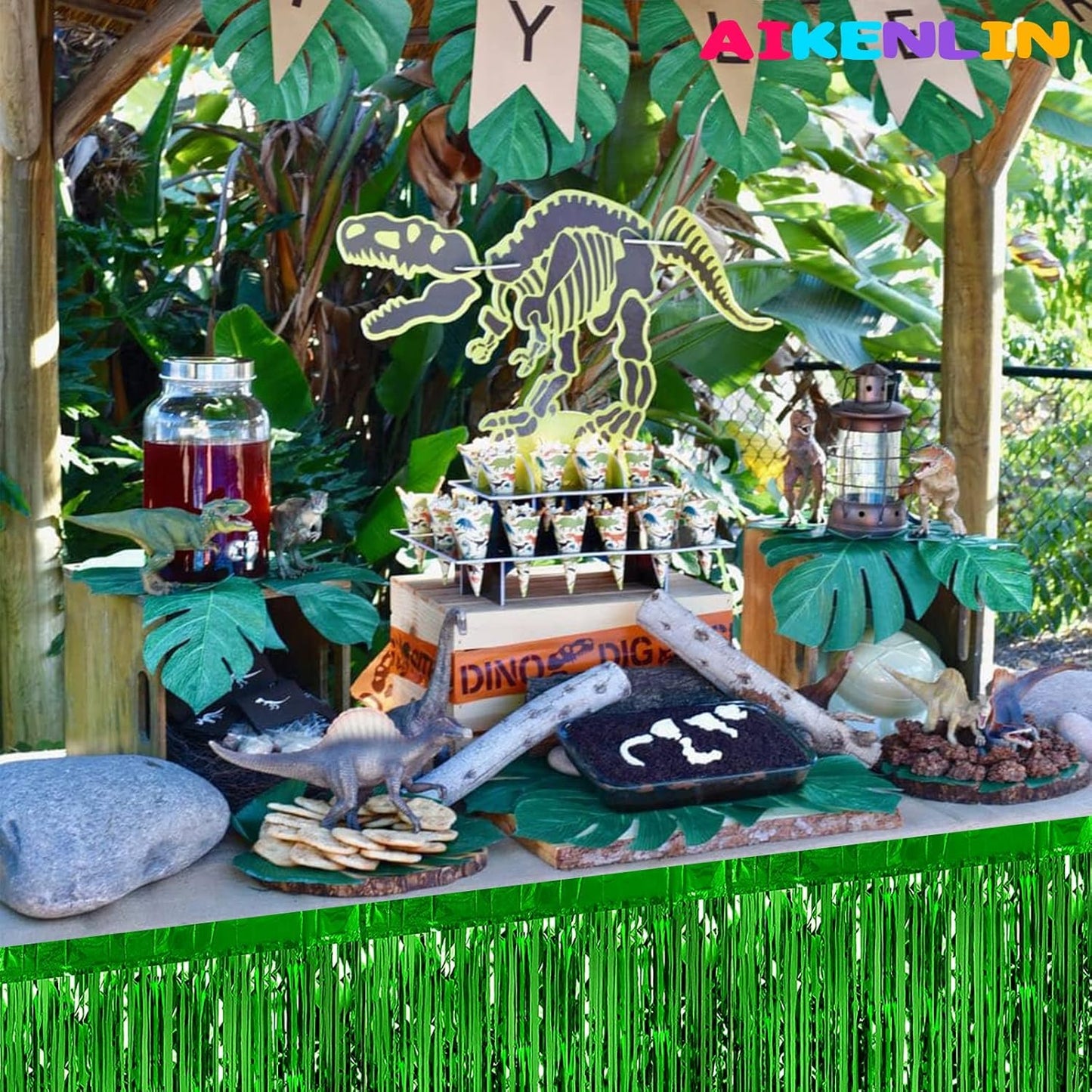 6 Pack 29x108 Inch Metallic Foil Fringe Tinsel Table Skirts Banner for Rectangle Tables Streamer Backdrop for Wedding, Birthday, Parade Floats, St Patrick Day Party Decoration(New Green)