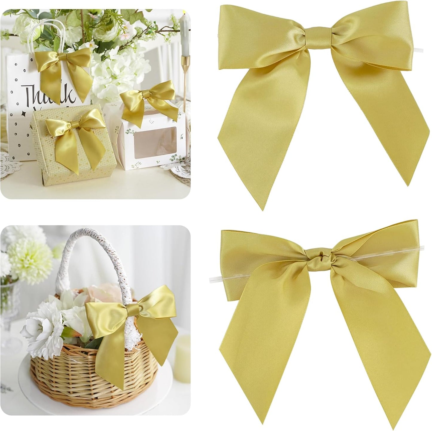 AIMUDI Gold Satin Bows 5.5" Bows for Gift Wrapping Satin Twist Tie Bows Premade Ribbon Bows for Treat Bags Invitations Baskets Wreaths Crafts Wedding Birthday Party Decorations, 24 PCs