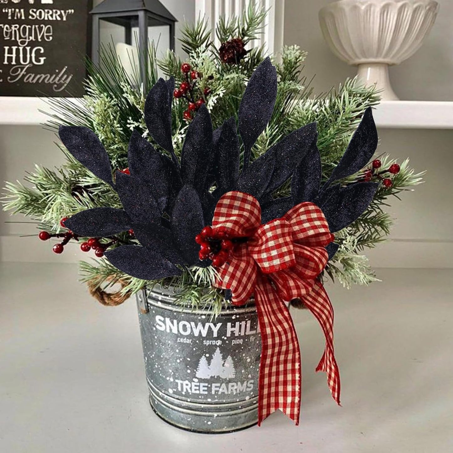 GREENTIME 12 Pack Artificial Black Glitter Leaves 13" Fake Decorative Glitter Sticks for Vase Christmas Tree DIY Wreath Crafts Fireplace Halloween Decor