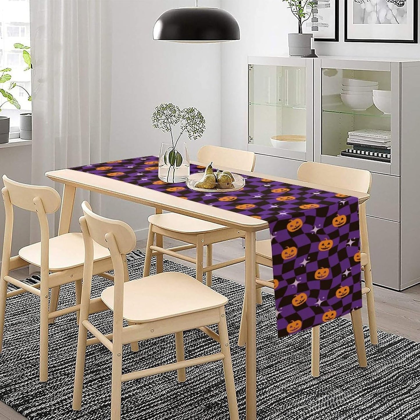 Halloween Table Runner,Purple Checkered Pumpkin Table Runner for Kitchen Dining Table Decoration Home Party Decor 13x108 Inch