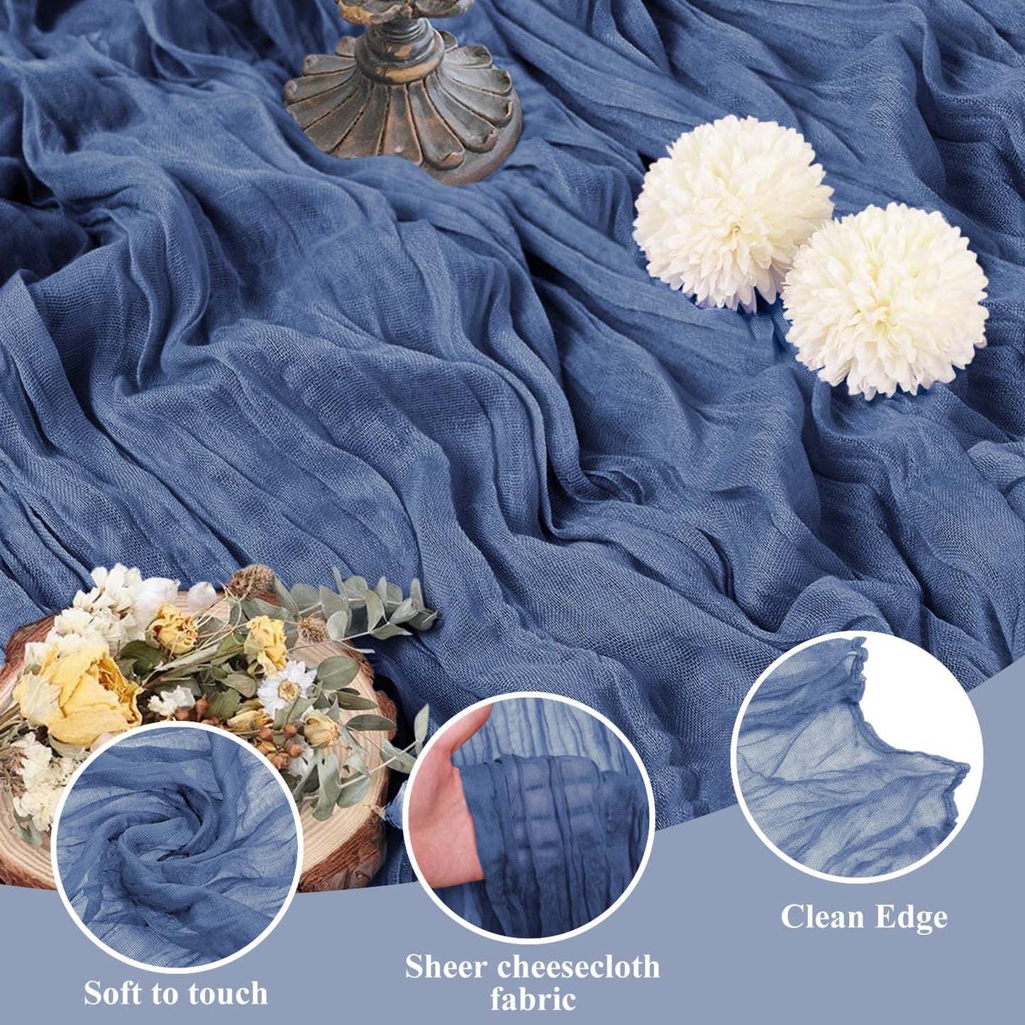 Asee'm 2pcs Cheesecloth Table Runner 120 Inches Long Blue Boho Gauze Cheese Cloth Runner 10FT Rustic Sheer Table Runners for Christmas Wedding Party Baby Shower Spring Easter Decoration