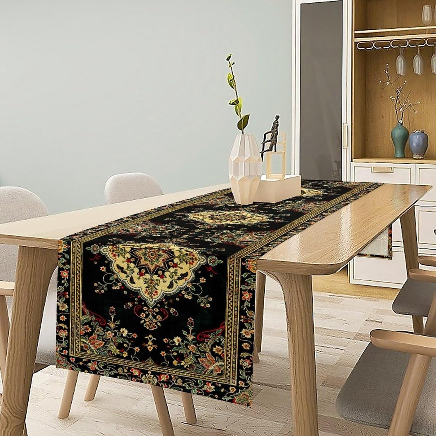 Colorful Boho Flower Table Runner, Vintage Rustic Farmhouse Paisley Hand Drawing Print Pattern for Home Kitchen Table Decor Dining Coffee Room Garden Party Decor 13x90in