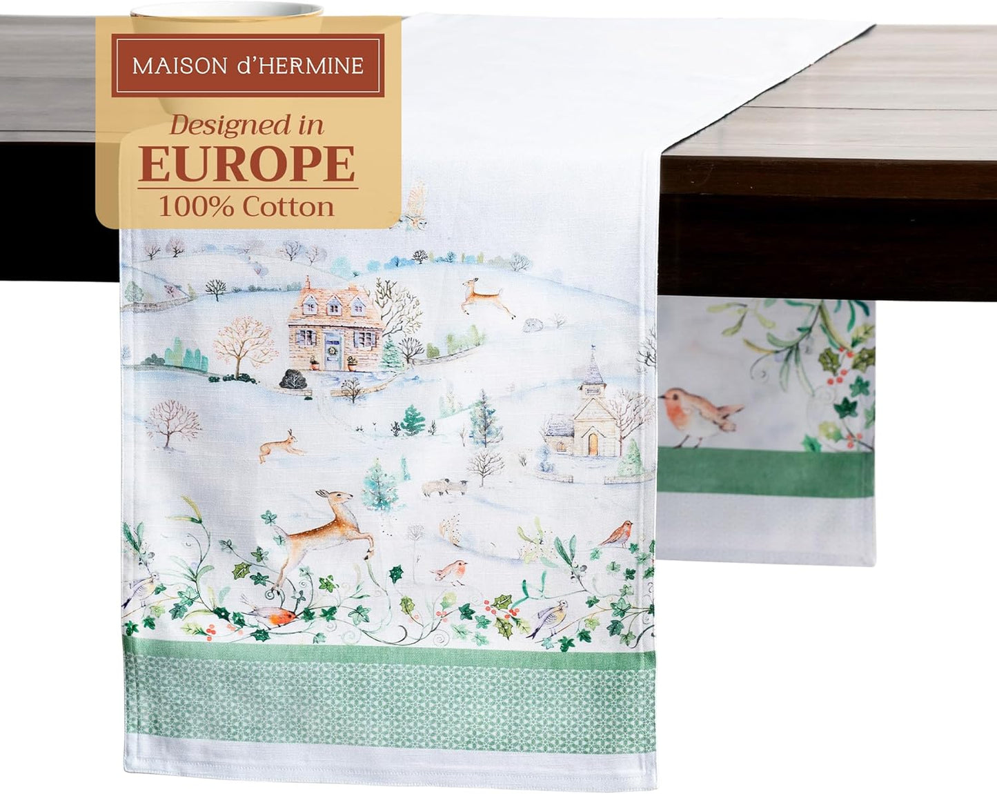 Maison d' Hermine Table Runner 100% Cotton Double Layer Table Runners 72 inches Long for Thanksgiving Christmas Decorations Home Kitchen Dining Party Wedding (Snowy World, 14.5" x 72")