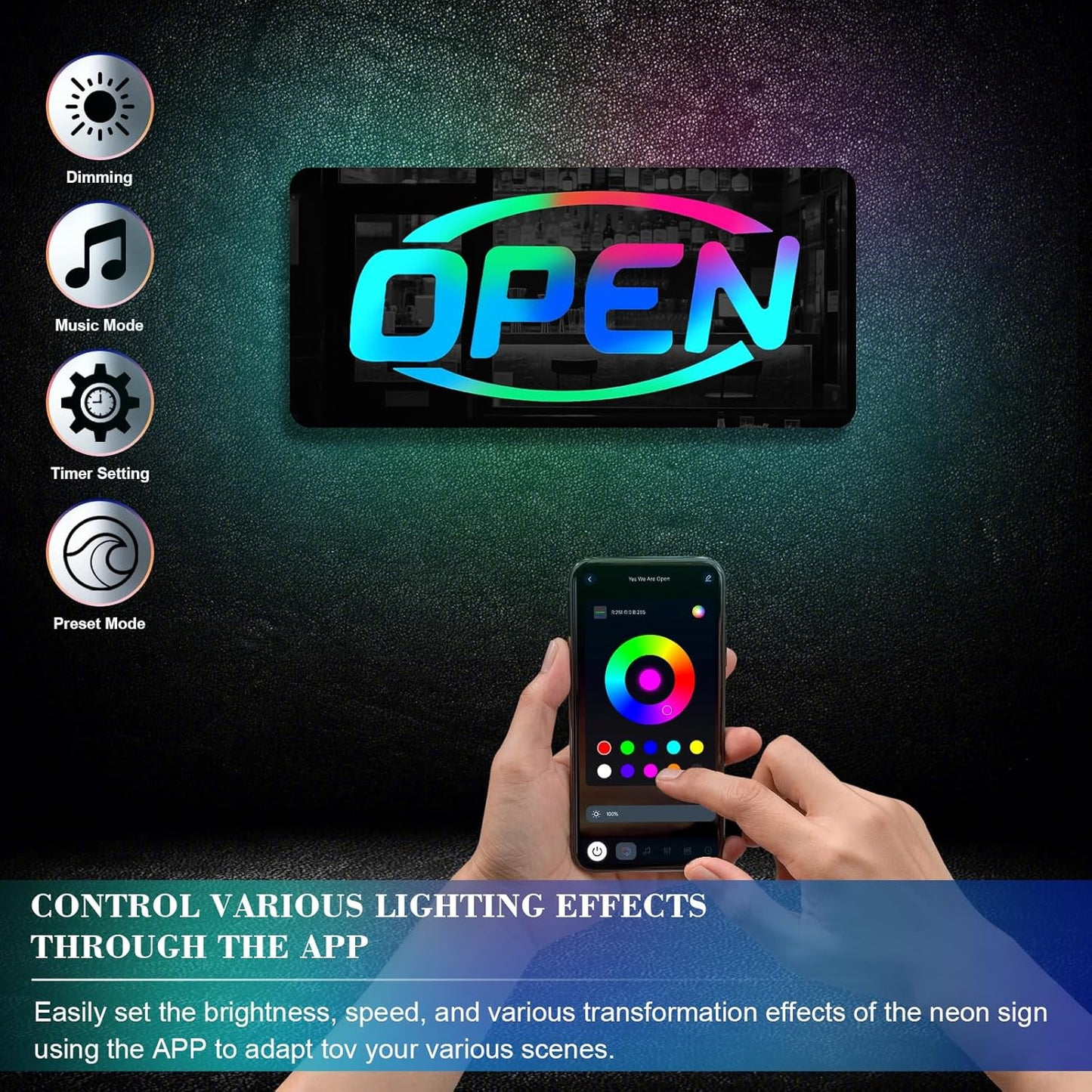 Ineonlife Open Neon Sign Square Mirrored Colorful LED lights for Business Decor Bright Led Light Signs Window Door Decoration Bar Shop Coffee Salon Hotel Store 14.57 x 6.69 inches USB Powerd