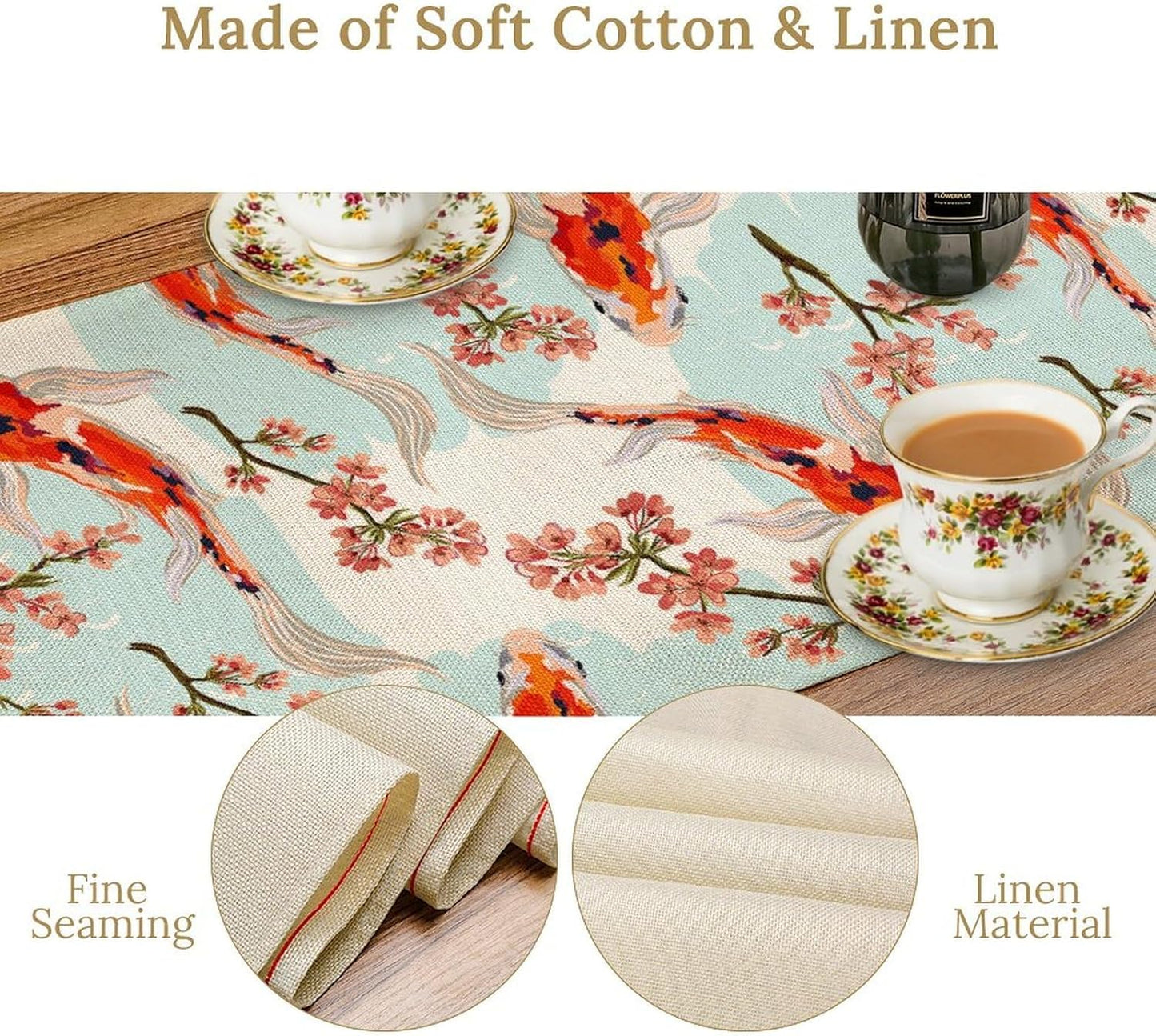 Japanese Kio Fish Table Runner Cherry Flower Art Printed Burlap Runner Home Kitchen Dining Table Living Room Decor Fabric 1 Panel W13xL70in