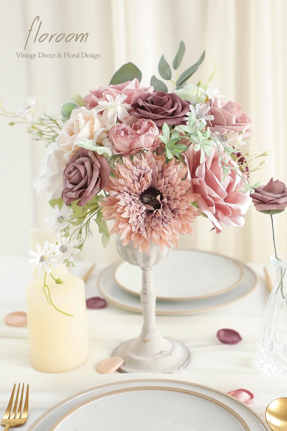 Floroom Dusty Rose Mauve Artificial Flowers Fake Roses Peony and Greenery Combo Box Set for DIY Wedding Bouquets Bridal Shower Centerpieces Floral Arrangements Party Tables Home Decorations