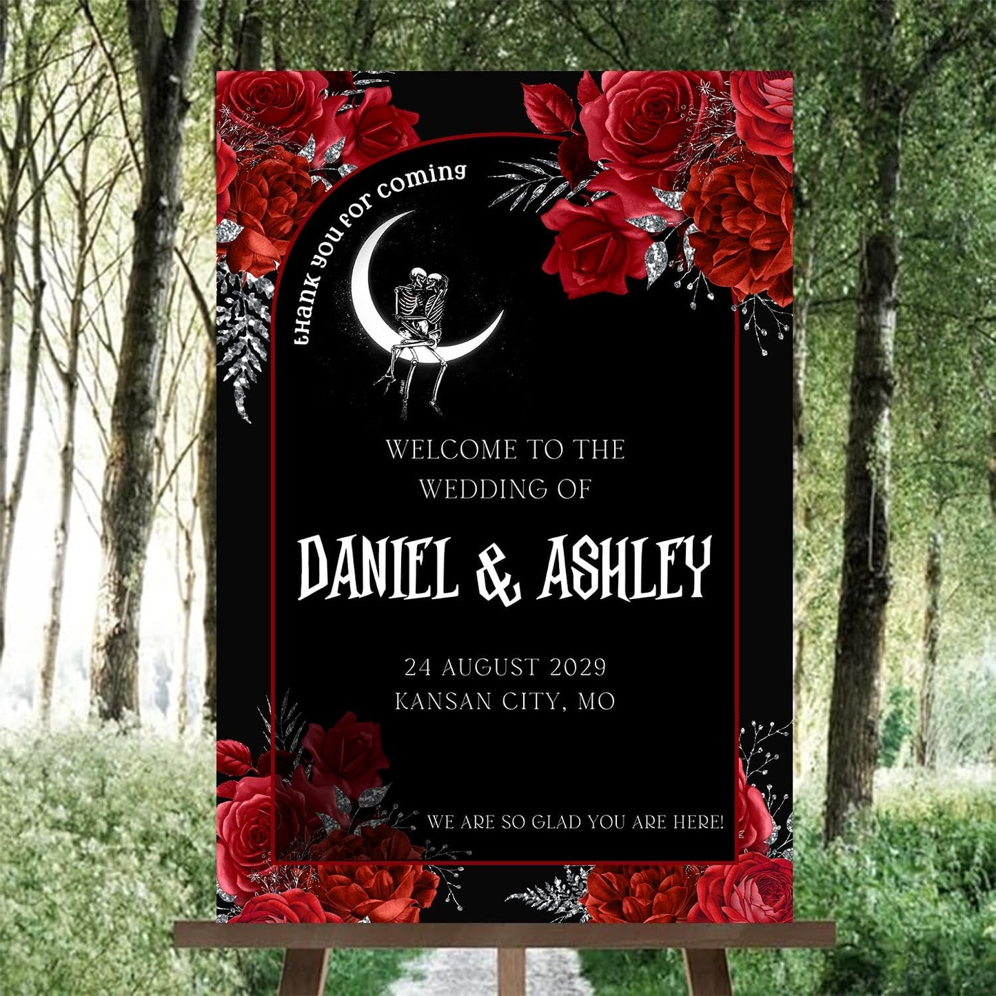 Gothic Halloween Welcome Sign, 4mm Thick Plastic, 12"x18", 28"x24", 18"x27", 24"x36", Black, Burgundy, Ground Stake, Wedding Sign