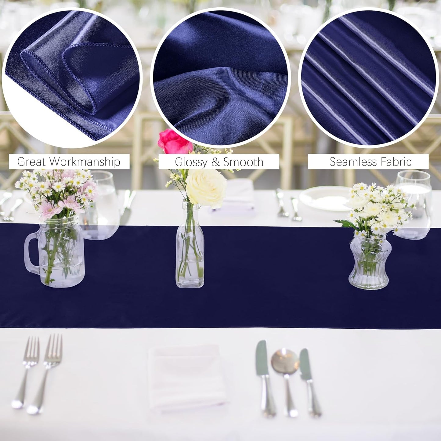 Aneco 12 Pack Satin Table Runner 12 x 108 Inch Navy Blue Long Wedding Satin Silk Table Runner for Wedding Banquet Graduations Birthday Party Decoration