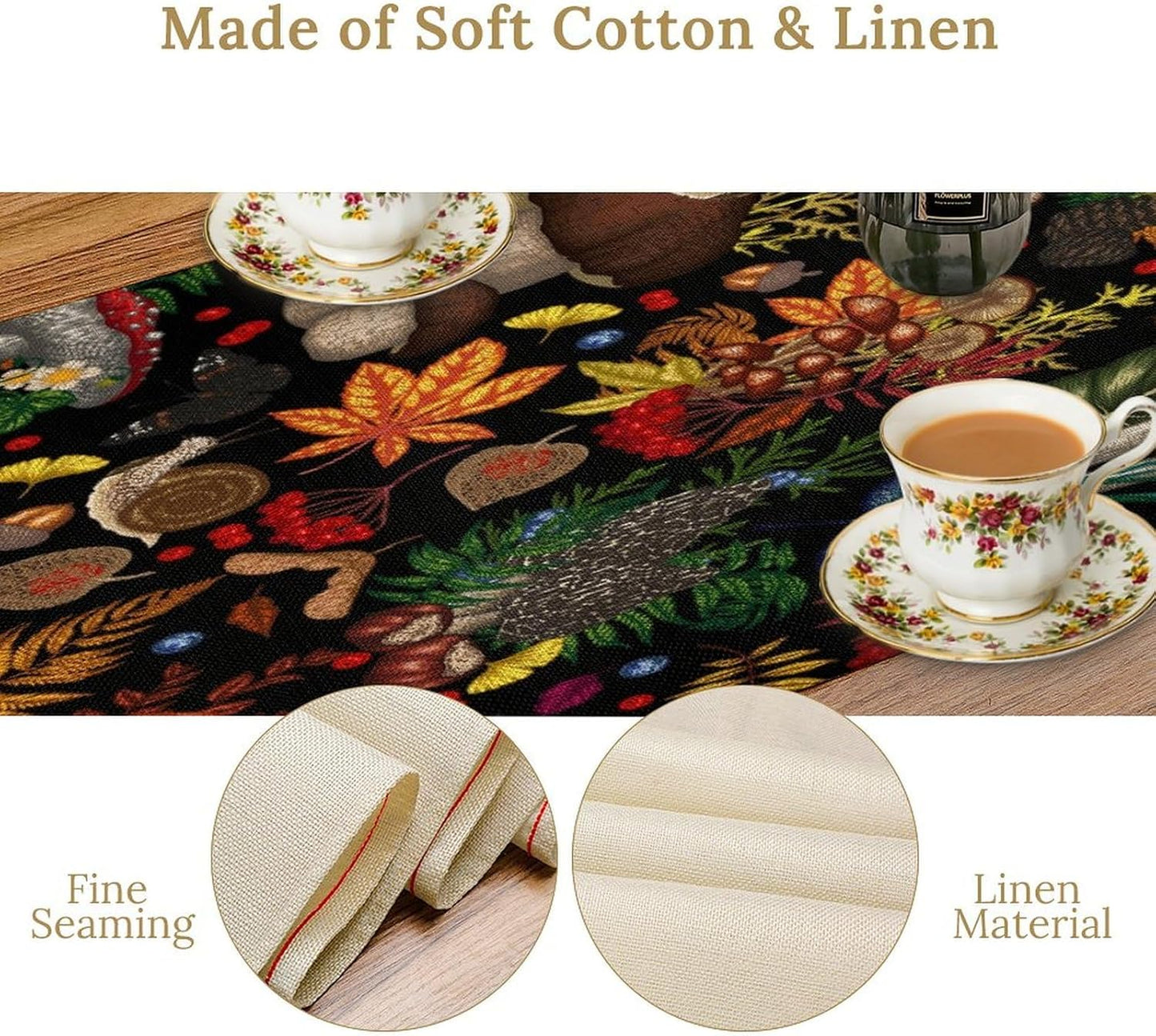 Nature Mushroom Table Runner,Retro Boho Floral Botanical Plant Forest Pattern Print Tablecloth Burlap for Hotel Indoors Outdoor Dining Room Kitchen Holiday Party, 13x36in