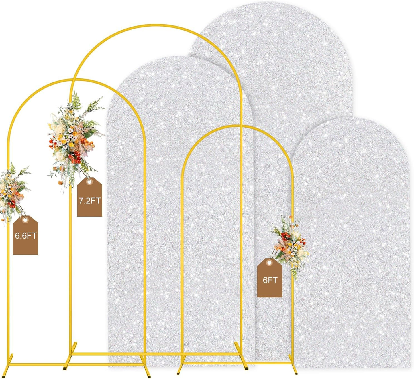 MODFUNS Arch Backdrop Stand and Cover Set 6&6.6&7.2ft Silver Sequins Arch Covers Set of 3 Gold Arched Backdrop Stands Chiara Arches Cover for Party Baby Shower Banquet Wedding Decoration