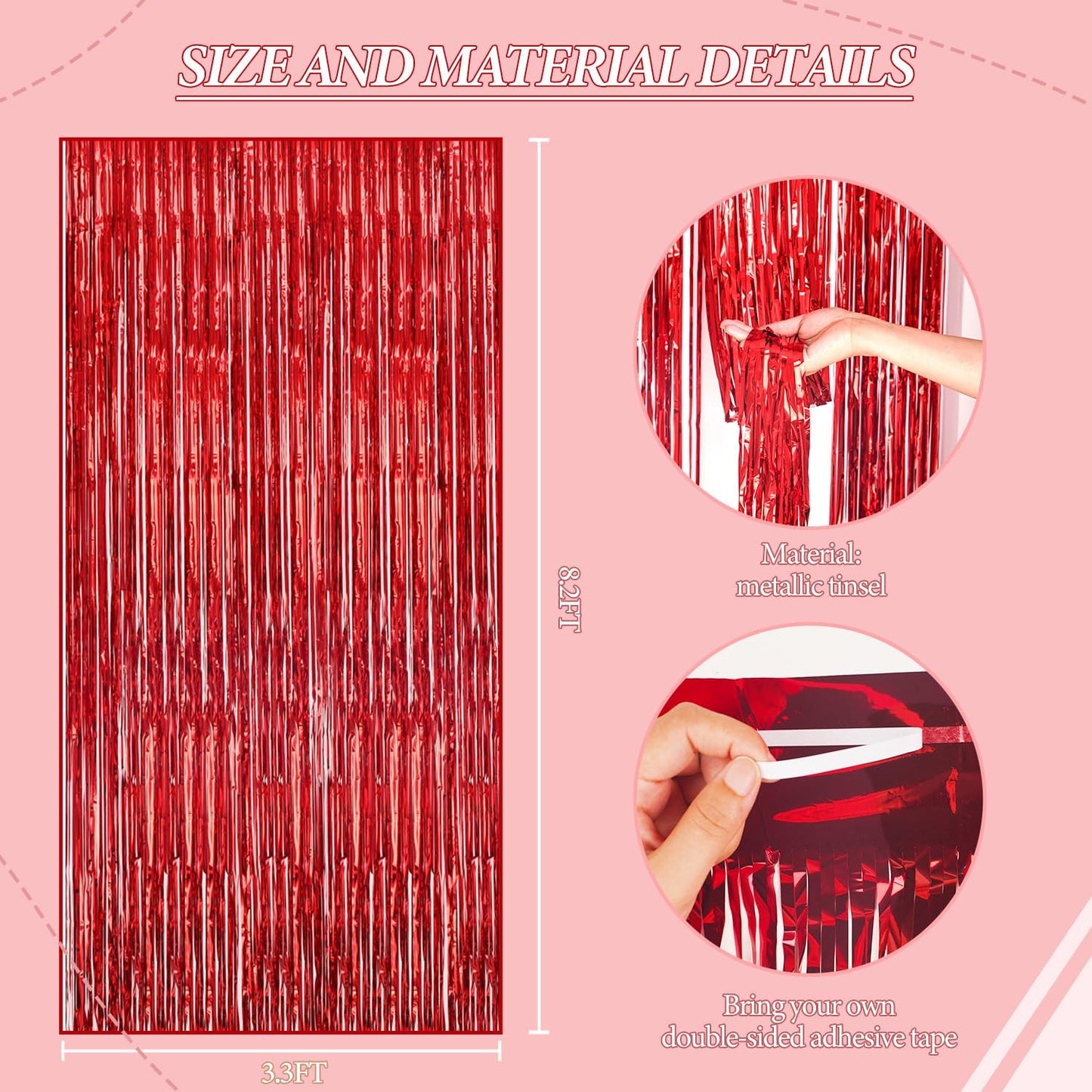 3 Pack Foil Fringe Backdrop - Red Shiny Tinsel Curtains for Party Decoration/Photo Booth Props - 3.3x8.2 FT Metallic Foil Backdrop for Birthday, Wedding, Graduation, Christmas.