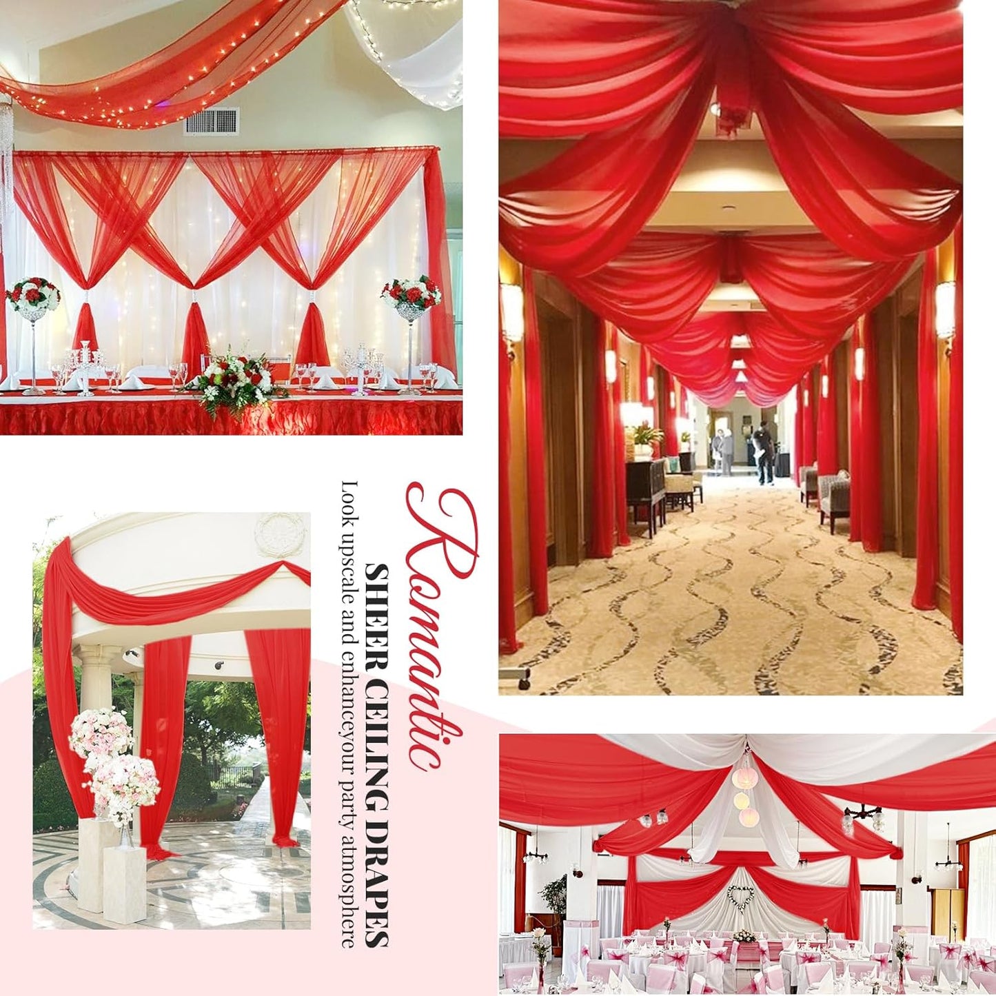 6 Panels Red Wedding Ceiling Drapes 5ftx20ft Ceiling Drapes Chiffon Fabric Arch Draping Sheer Curtains Soft Drapery Draping Wedding Ceiling Decorations for Party Ceremony Stage Swag