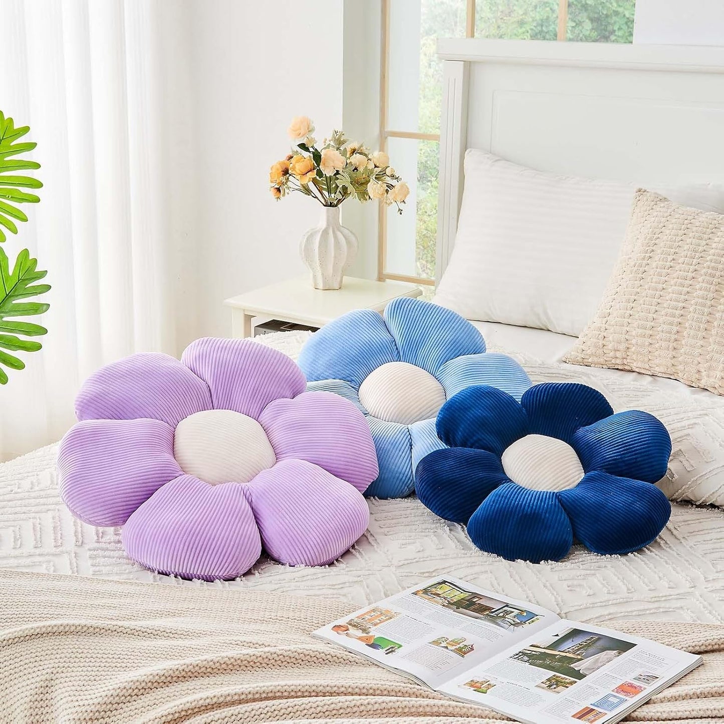 Lavender Flower Pillow, 19.6" Cute Flower Shaped Floor Pillow, Aesthetic Floral Plush Daisy Decorative Throw Pillows for Bed Sofa Couch