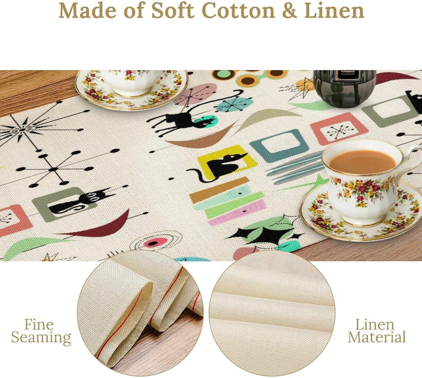 Colorful Geometric Table Runner,Vintage Mid Century Cute Cat Abstract Morden Print Tablecloth Burlap for Hotel Indoors Outdoor Dining Room Kitchen Home Decor, 13x80in