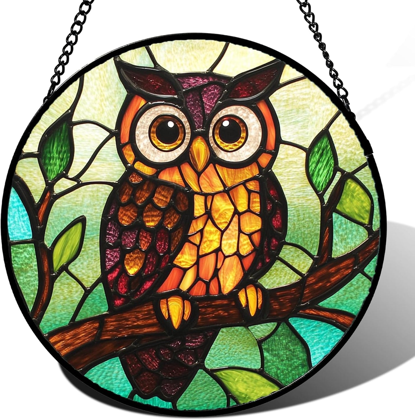 Stained Glass Window Hanging - Owl on a Branch Suncatcher for Doors Window Home Orange Brown Sun Catchers Decor Christmas Mother's Day Birthday Gifts for Teacher Women Men Mom Nana 11.8 in