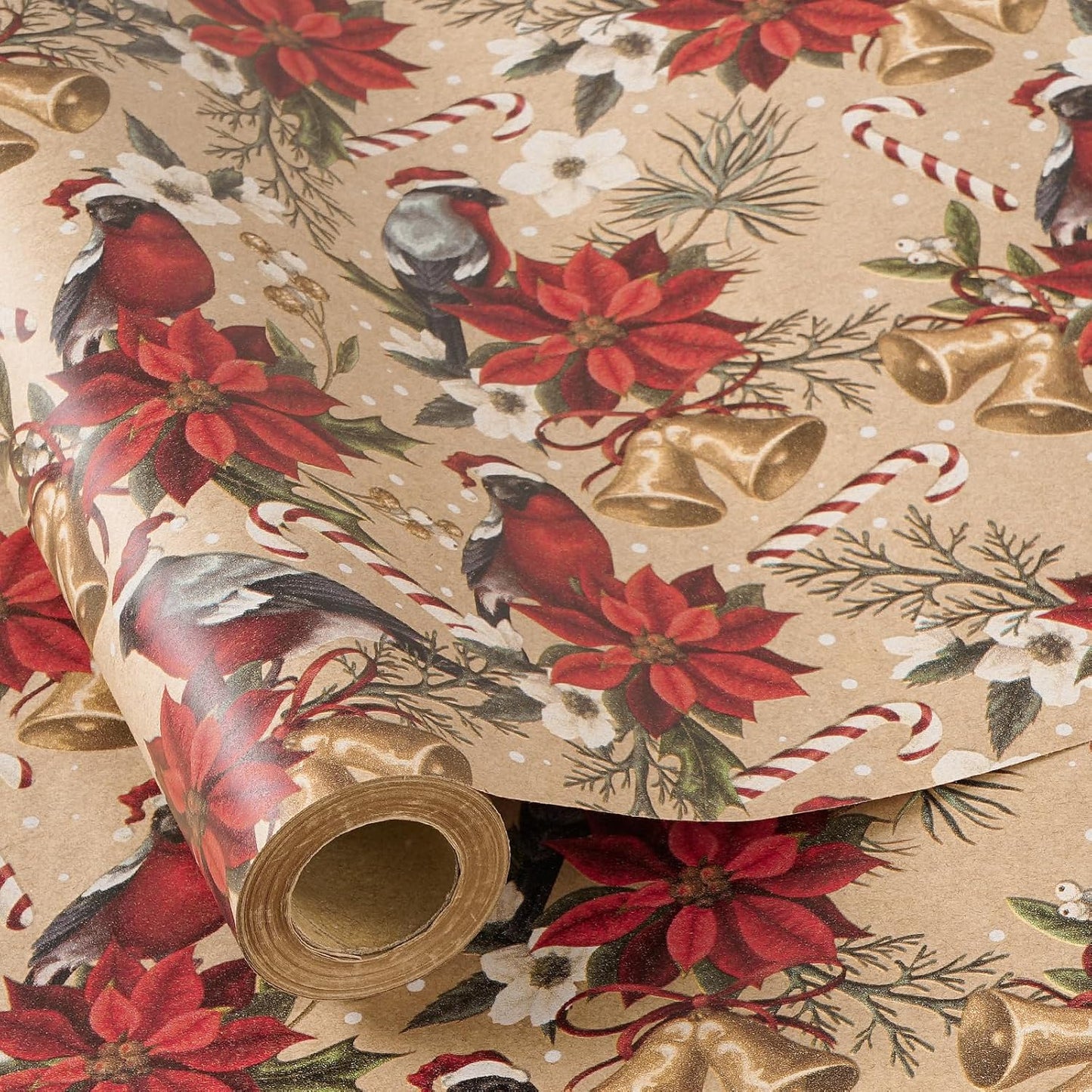 RUSPEPA Kraft Christmas Wrapping Paper Roll, Mini Roll, Cardinal Bird, Poinsettia, Golden Bell and Candy Cane Design, Vintage Kraft Gift Wrap for Women, Family, Xmas Holiday, 17 Inches x 16.4 Feet