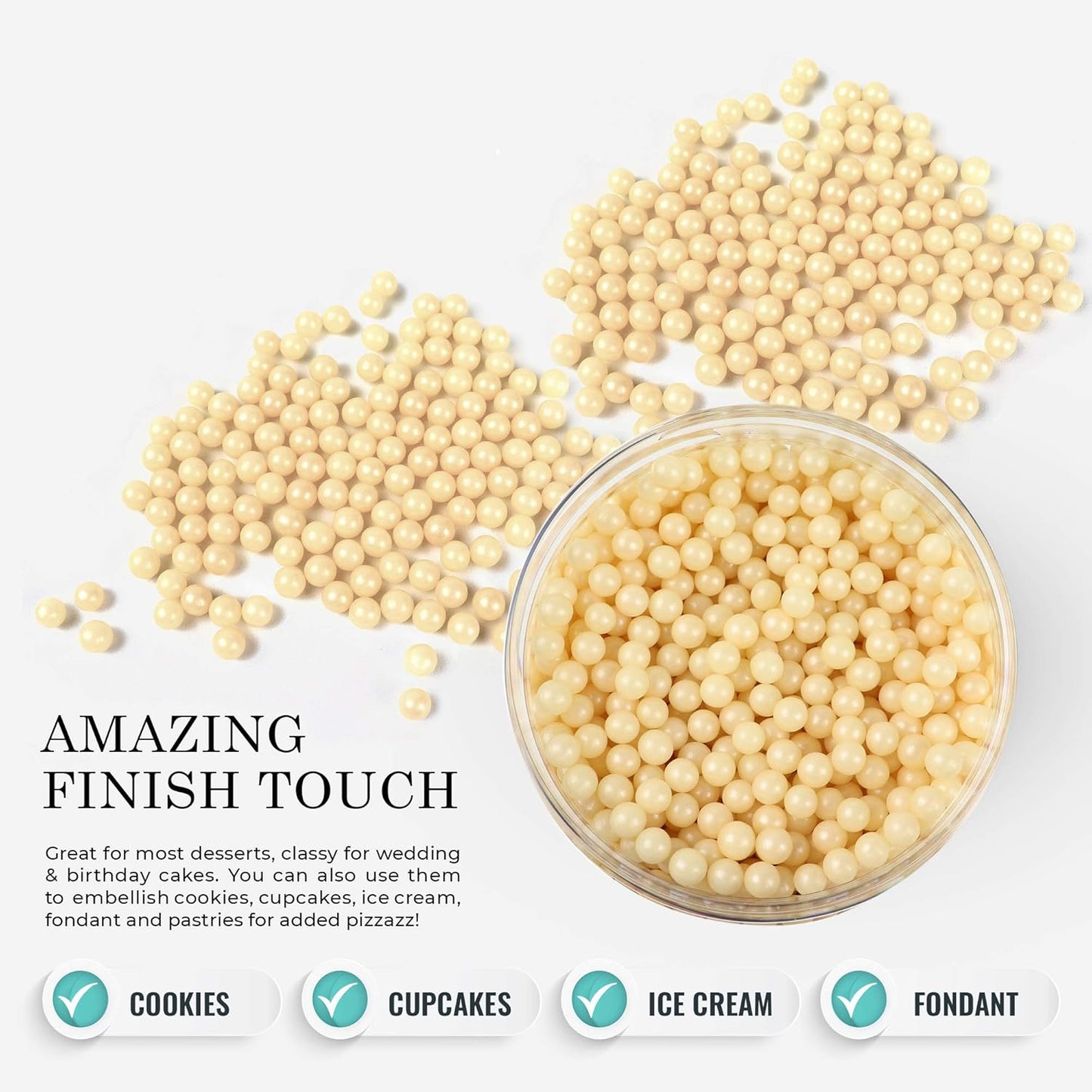 O'Creme Ivory Edible Sugar Pearls Cake Decorating Supplies for Bakers: Cookie, Cupcake & Icing Toppings, Beads Sprinkles For Baking, Certified, Candy Sugar Ball Accents (12mm, 8 Oz)