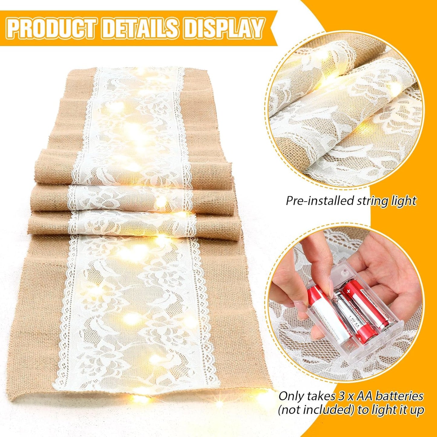Xinnun 6 Pack Burlap Table Runner with LED String Lights, Modern Rustic Lace Natural Vintage Boho Jute Wedding Table Decor for Farmhouse Thanksgiving Christmas(Christmas Trim,12x70 Inches)