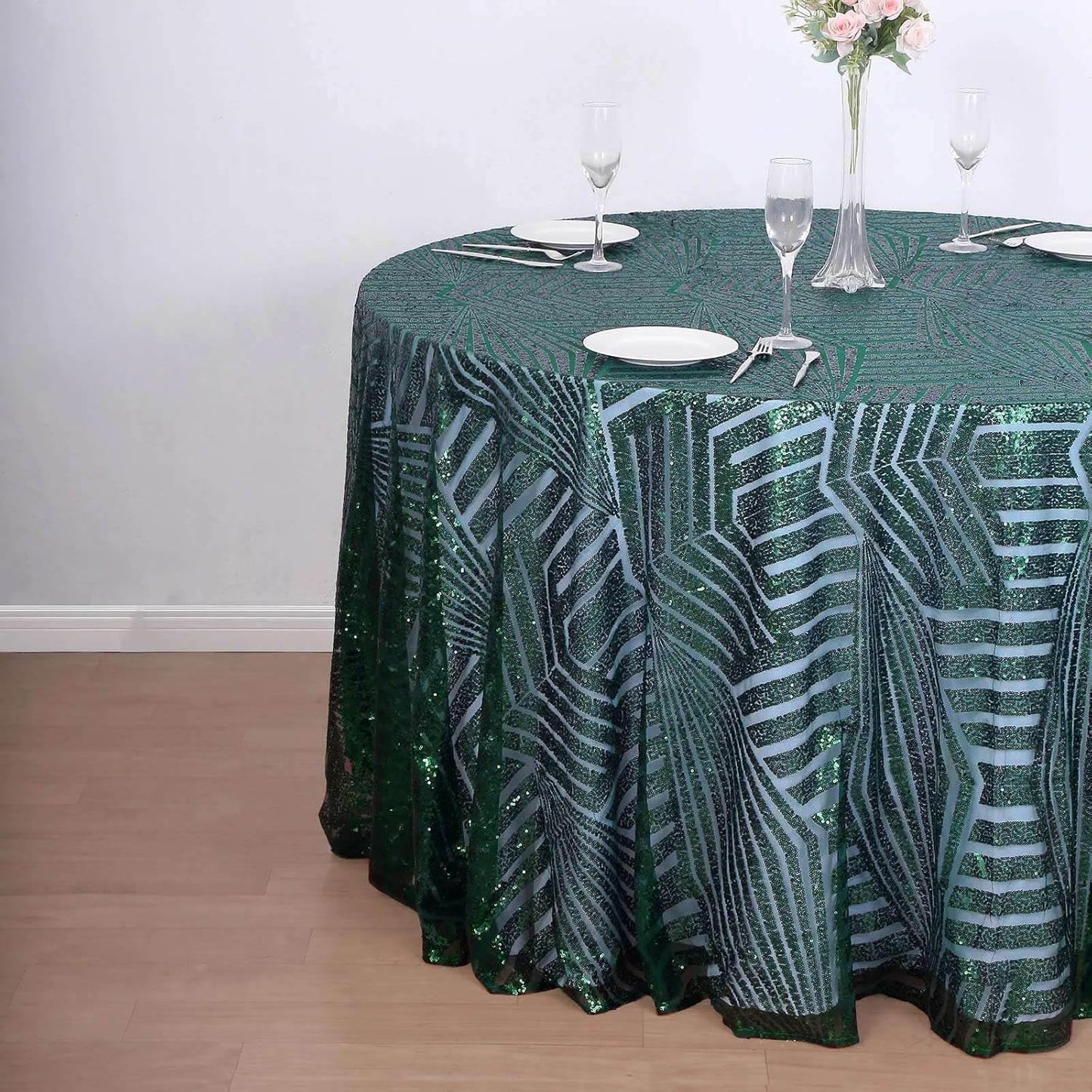 Efavormart 120" Hunter Emerald Green Sparkly Sequin Geometric Tulle Round Tablecloth