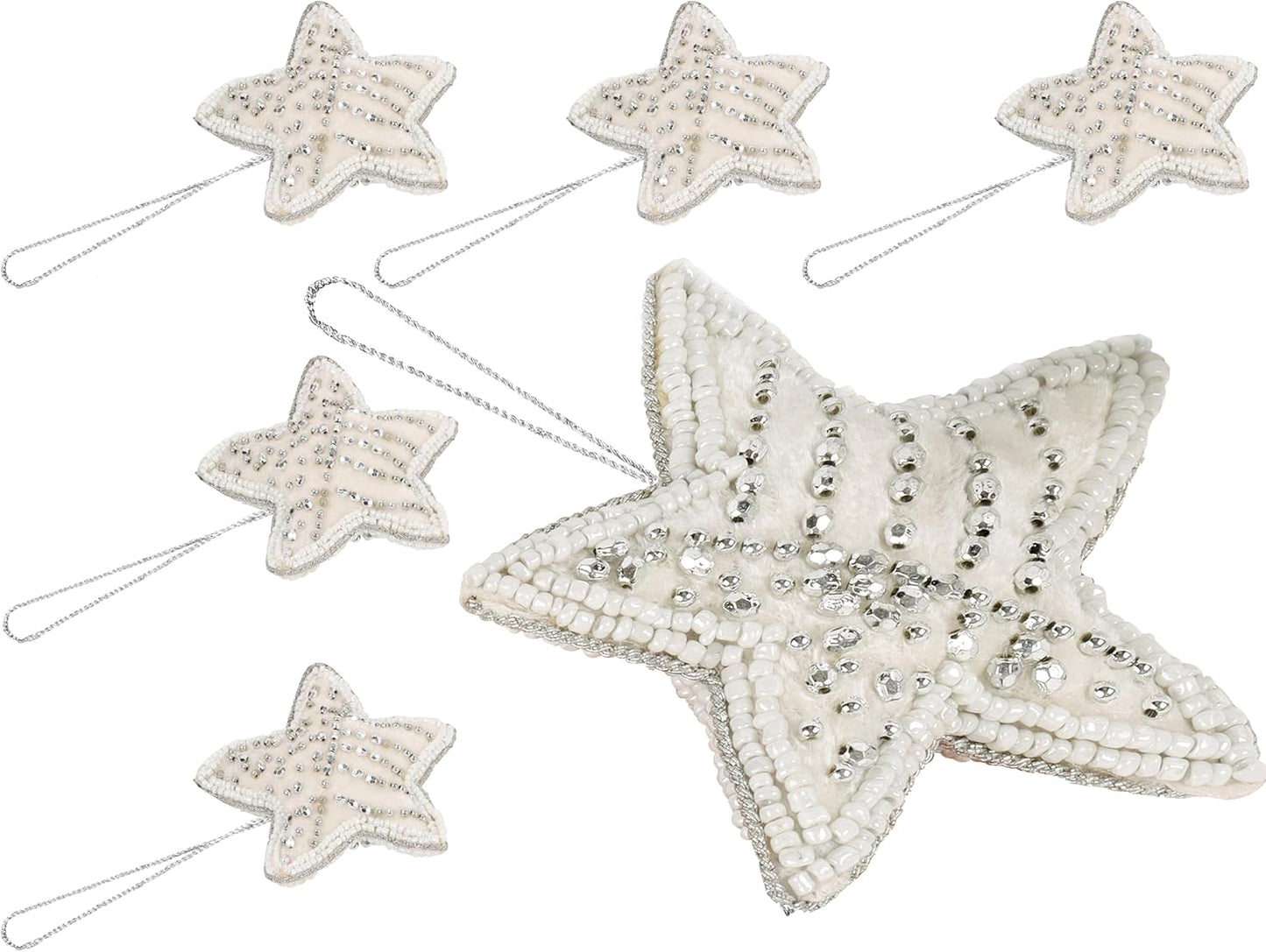 Beaded Star Hanging Ornaments with Twine - Beaded Decorative Ornaments Set of 6 for Tabletop Decoration, Bookshelf, Desk, Nightstand, Home, Office, Desktop, Cabinets, Shelf (White) - CLEENTABLE
