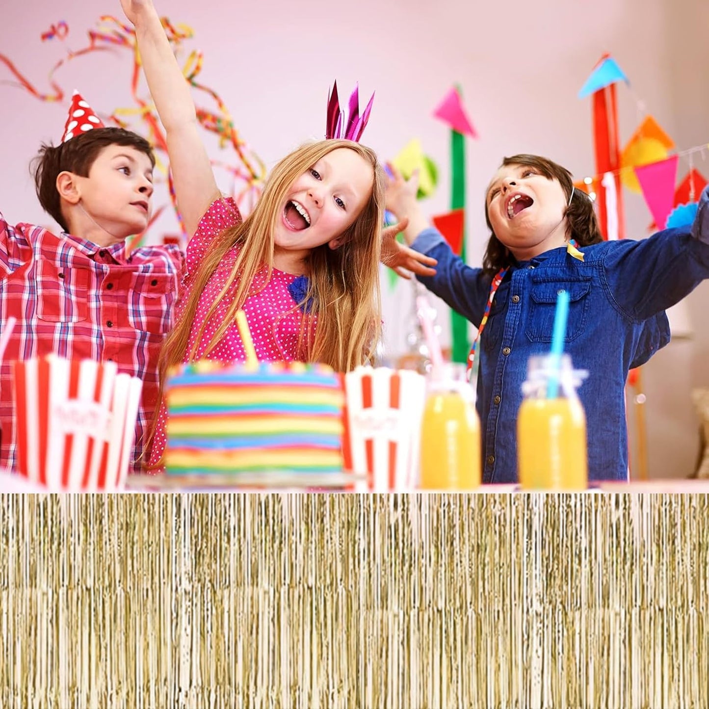 4P Metallic Foil Fringe Tinsel Table Skirts for Rectangle Tables Backdrop Banner Streamer Garland Curtains for Parade Floats Wedding Graduation Anniversary Birthday Parties Decoration (Champagne)