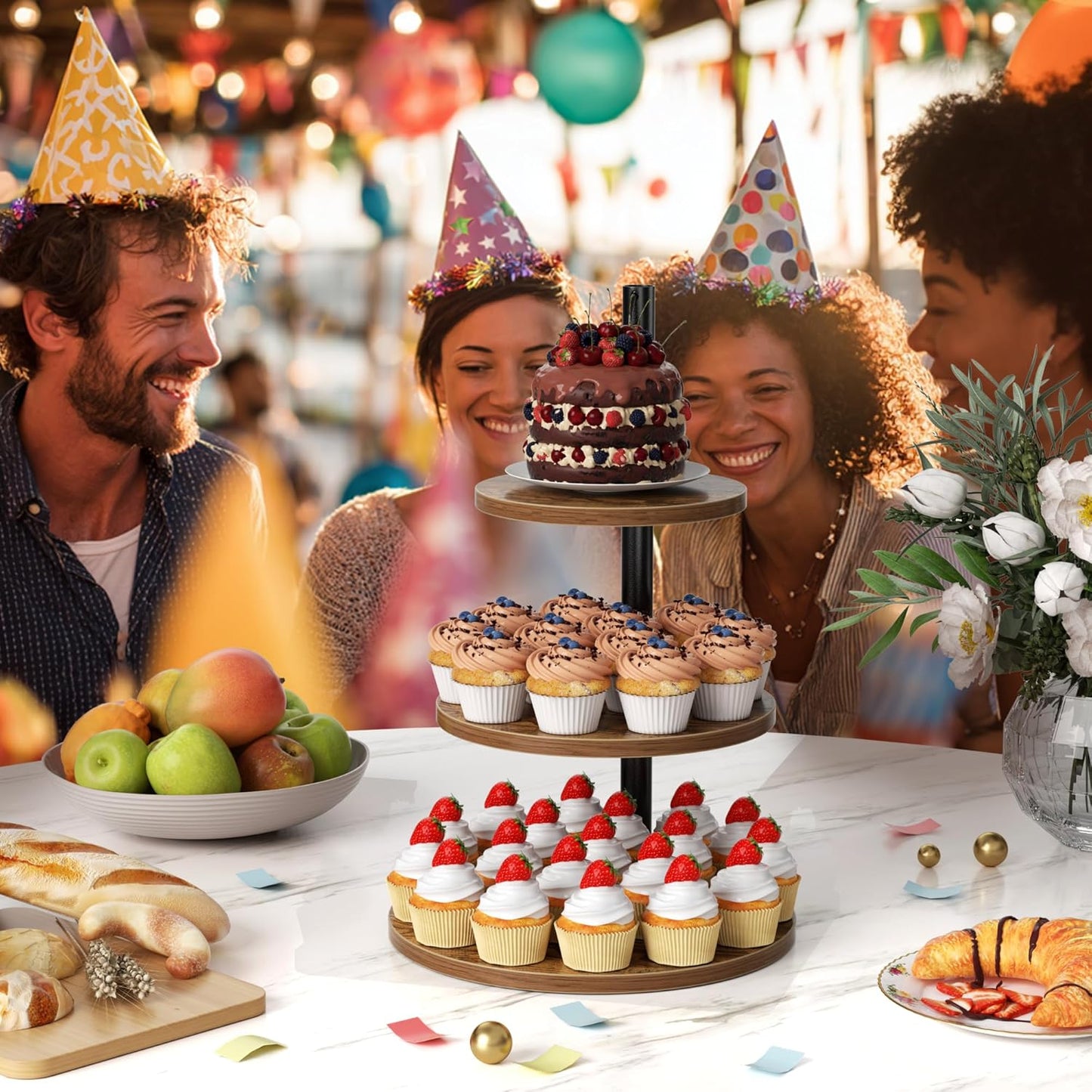 2 Packs Wooden Cupcake Stand, 3 Tier Large Cupcake Tower Stand 50 Cupcakes, Dessert Stand Cupcake Display Stand Cupcake Tower for Party, Wedding, Birthday, Farmhouse Decor