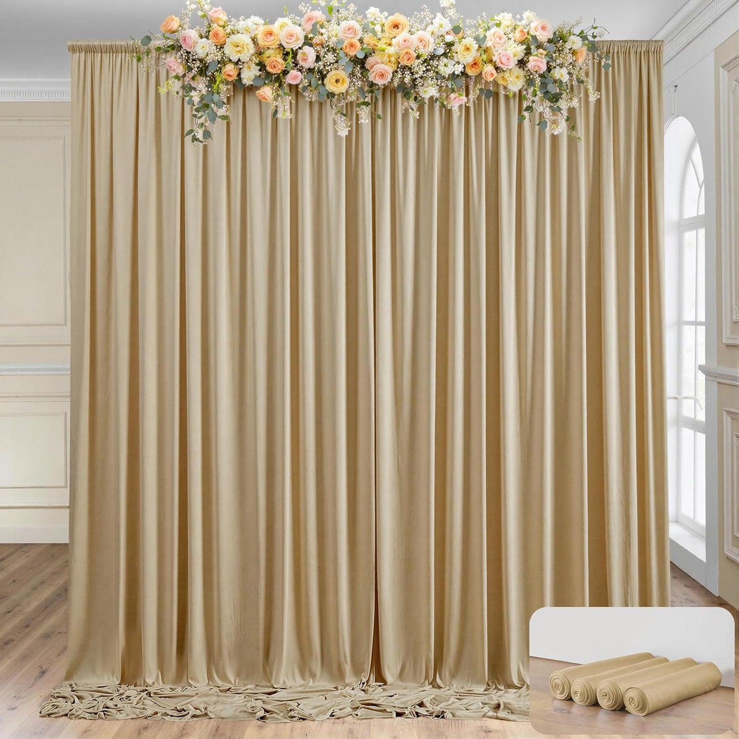 20×14 ft Wrinkle Free Beige Backdrop Curtain for Weddings Parties, 4 Panels 14ft Silky Polyester Wedding Drapes Backdrop Photo Back Drop Cloth for Birthday Baby Shower Photography Backgrounds