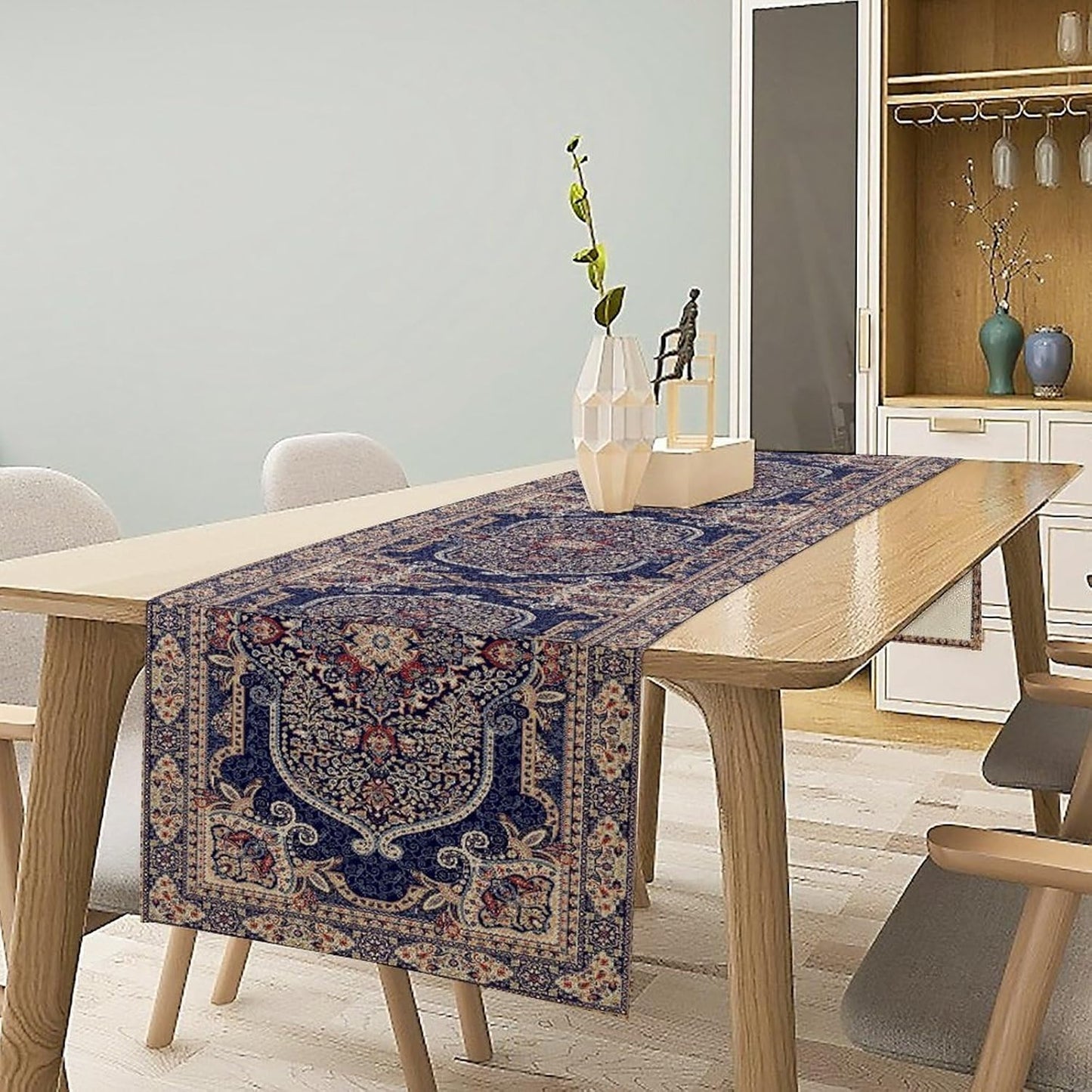 Boho Floral Vintage Table Runner, Blue Purple Retro Flower Rustic Country Farmhouse Pattern for Home Kitchen Table Decor Dining Coffee Room Party Decor 13x36in