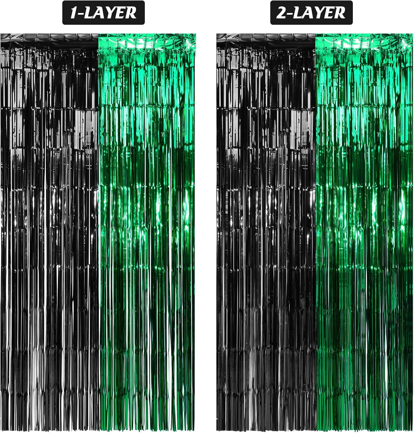 3Pack 3.3Ft x 6.6Ft Graduation Foil Fringe Curtain Backdrop Decorations, Green Black Metallic Tinsel Foil Streamers Curtain Photo Booth Background for Graduation Prom Wedding Birthday Party Decoration