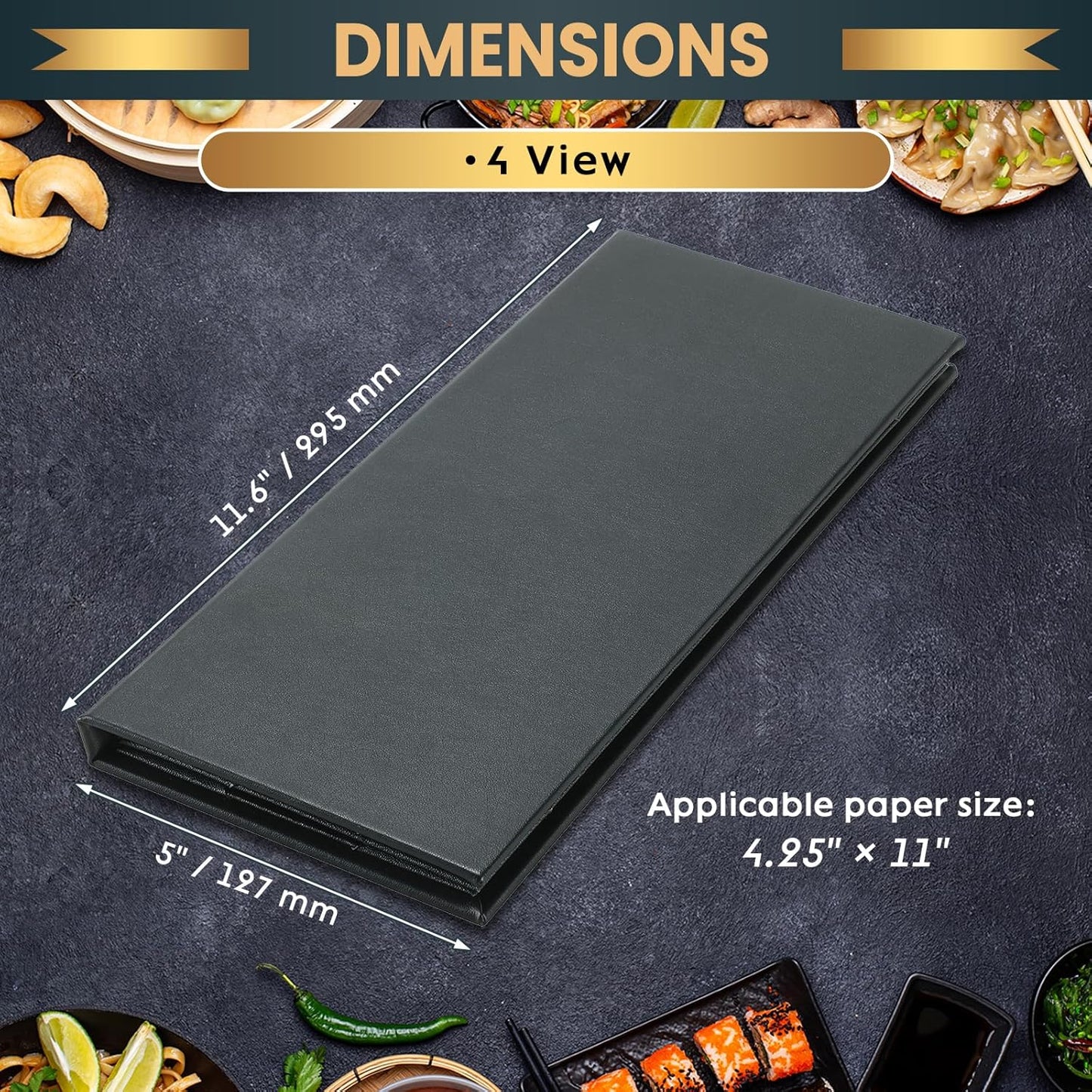 12 Pack 4 View Menu Holder Menu Covers 4.25" x 11" | Black Leather Menu Sleeves Book Style for Restaurant Coffee Bars Wine List