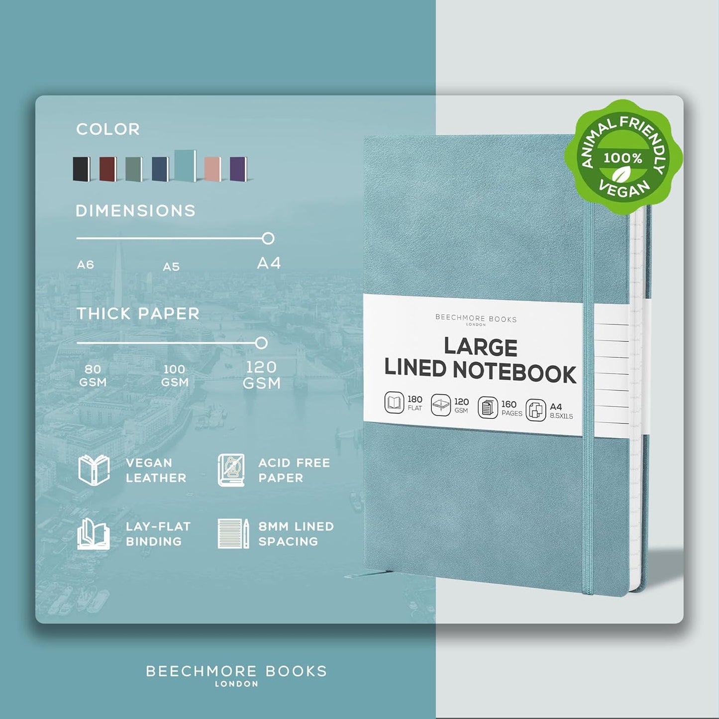 BEECHMORE BOOKS Ruled Journal Notebook, A4 8.5 x 11.5 inch 160 Lined Pages, Hardcover Leather Journals For Women, Men, Writing And Notebooks For Work - 120 GSM Thick Paper, Gifts Box Included