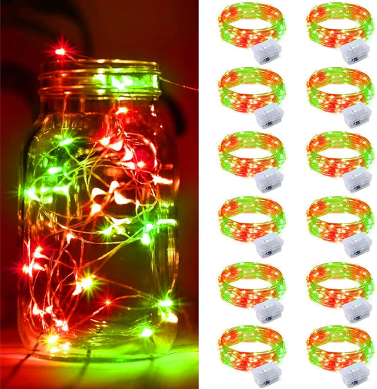 ZGWJ 12 Pack Christmas Fairy Lights Battery Operated, 7ft 20LED Mini Fairy String Lights Silver Wire 3 Modes Waterproof for Christmas Tree DIY, Parties, Bedroom Decorations Red&Green