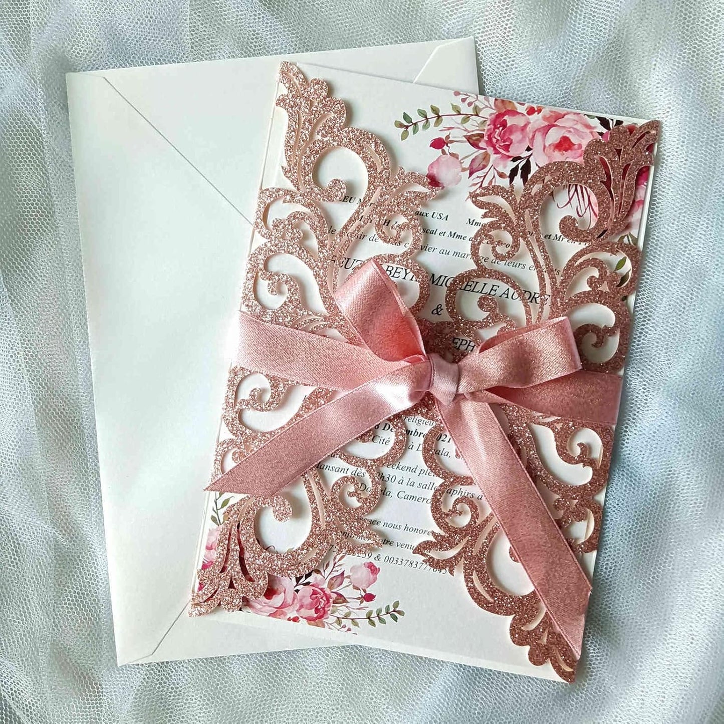 25PCS Rose Gold Laser Cut Wedding Invitations Cards with Envelopes,Blank Inner Sheets,Ribbons for Wedding Bridal Shower Quinceañera Engagement Birthday Invites, rose gold glitter