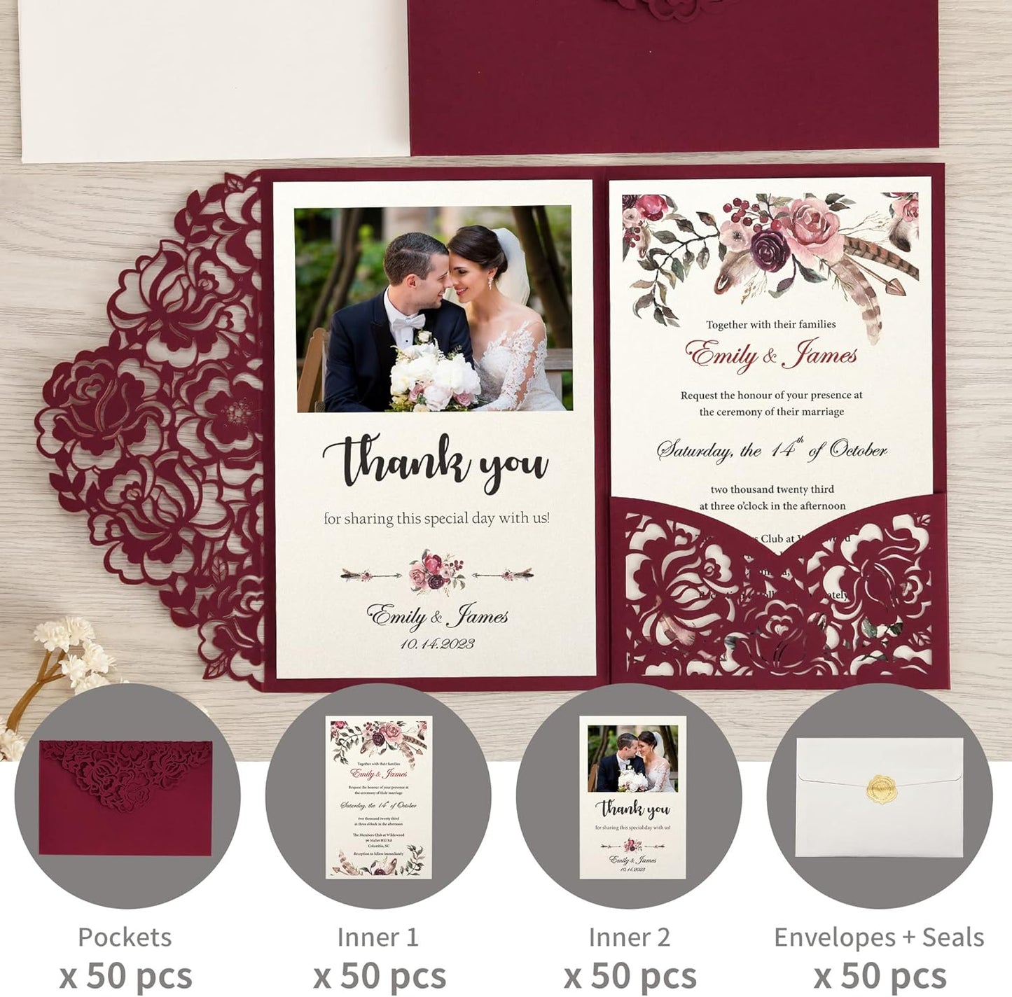 DORIS HOME 50pcs Laser Cut Wedding Invitations with Envelopes Burgundy, 4.7x7.1 Personalized Invitation Cards for Wedding, Anniversary Invitations with Envelopes