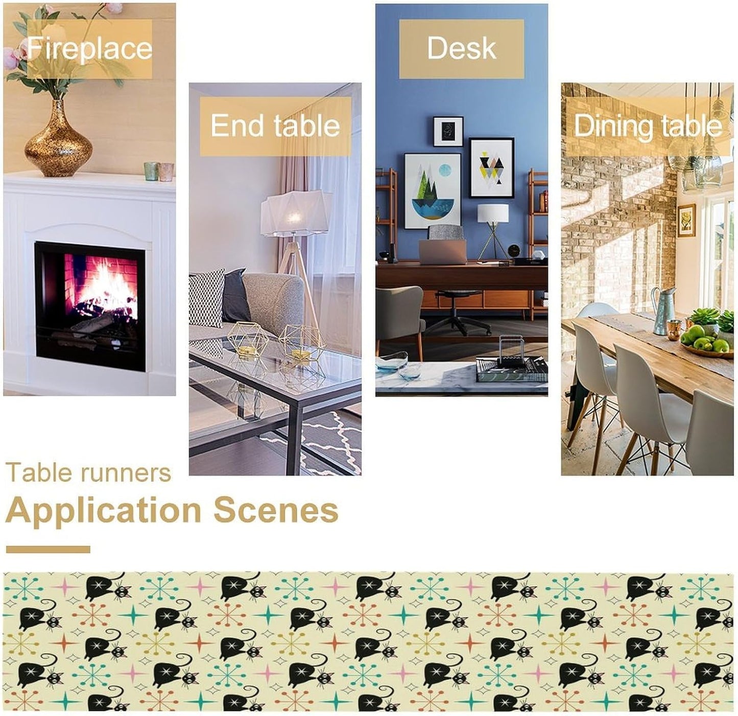 Mid Cat Table Runner, Vintage Black Cat and Atomic Stars 1950s 1960s Abstract Geometric Space Pattern Table Decoration for Home Kitchen Restaurant 13x90 Inches