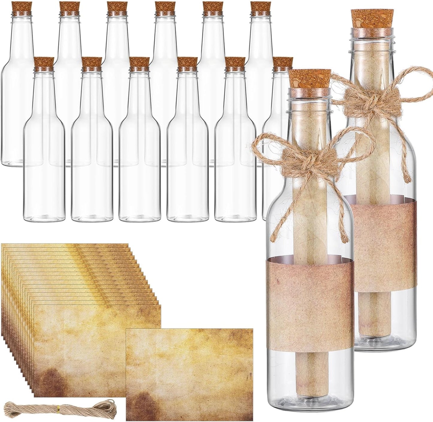 Baderke 12 Pcs 5.6 oz Message Bottles with Letter Printer Paper Plastic Bottles & Corks Twines for Message Invitations Birthday Wedding Baby Shower DIY Crafts Gift Party Favors (Vintage)