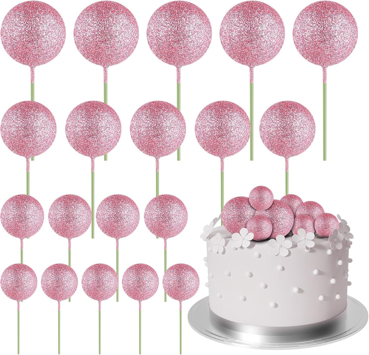 ASTARON 20 Pcs Mini Balloons Cake Topper Sticks Pink Glitter Balls Cake Picks for Wedding & Birthday